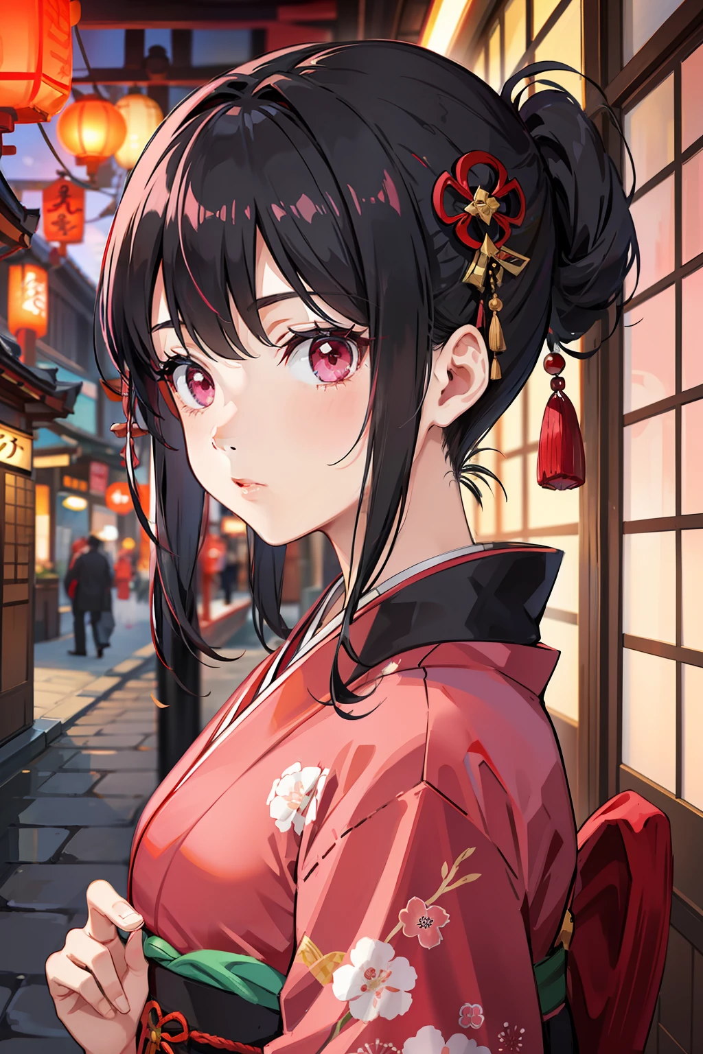 Black hair, pink eyes, red kimono, Japanese style, in Osaka, girl