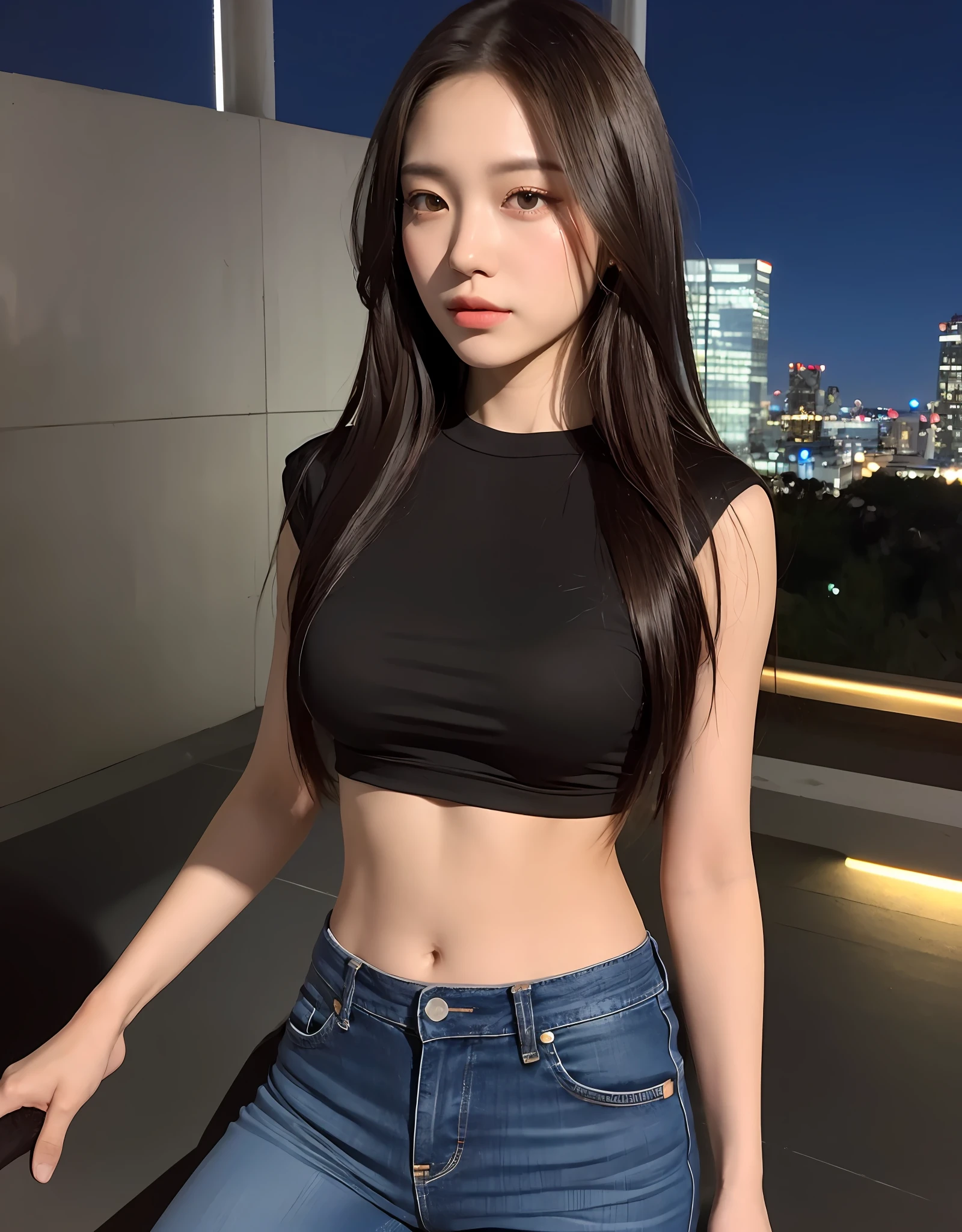 (Midnight, Acura, 8K, Masterpiece: 1.3)), Upper body, Focal length: 1.2, Perfect Body Beauty: 1.4, Slim Abs: 1.1, ((Dark Brown Hair, Big Breasts: 1.2 )), (Skinny T-shirt, Jeans, Standing: 1.2), ((City Night, Roof: 1.3)), Highly detailed face and skin texture, Detailed eyes, Double eyelids