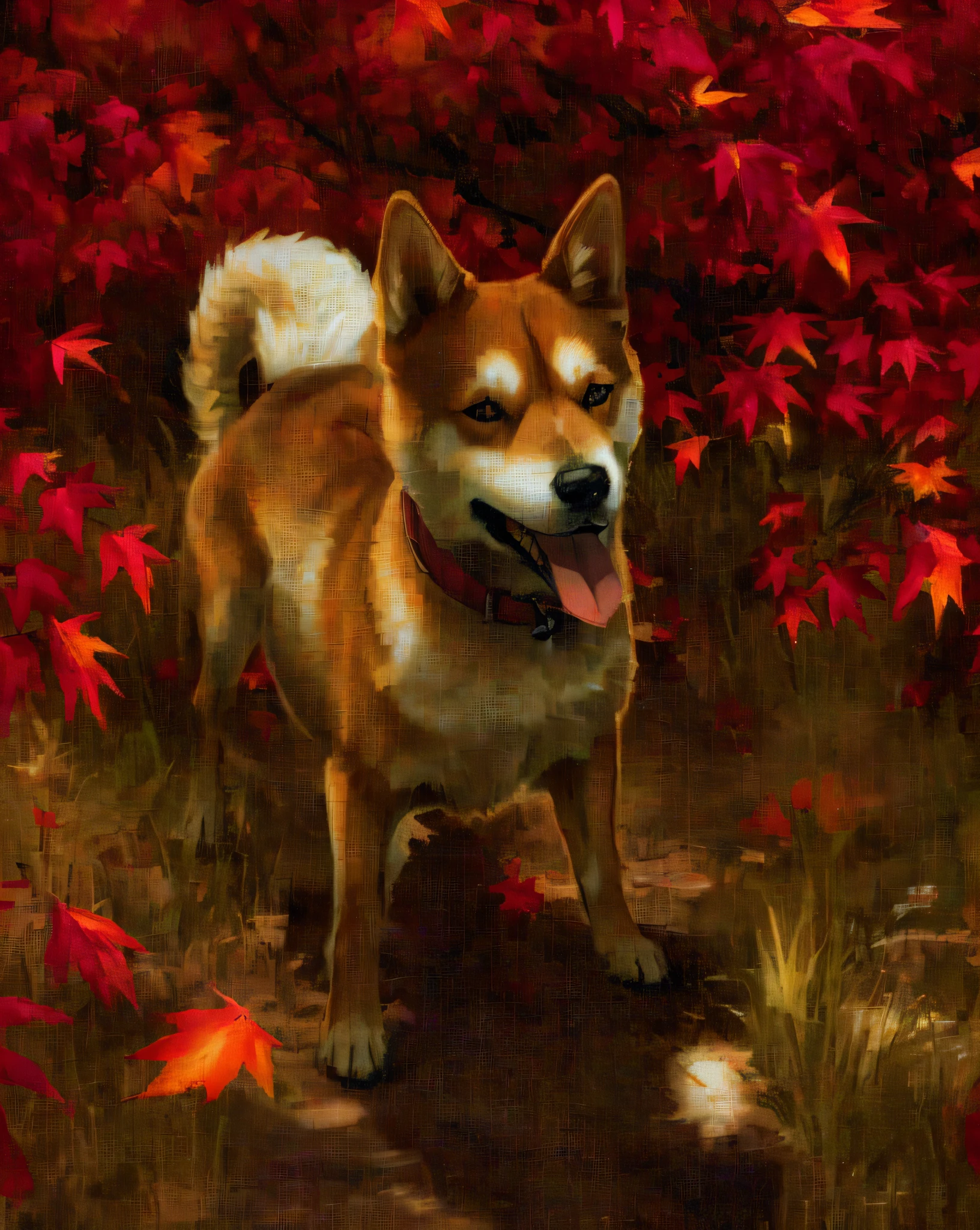 painting of a dog standing in a field of red leaves, shiba inu dog, anthropomorphic shiba inu, shibu inu, shiba inu portrait, shiba inu, japanese dog, makoto oil painting, doge, inspired by Shiba Kōkan, autumn, koda kazuma, painting of cute dog, rin