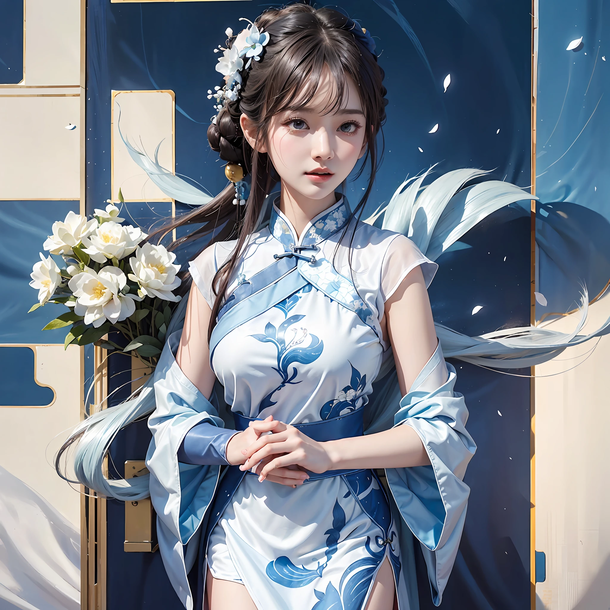 Close-up of a person holding a microphone in front of a blue background, white Hanfu, wearing a blue cheongsam, full body fairy, cheongsam, Kurase Jinyao, Ruan family beautiful! ,, Xian Xia, Wang Bingbing, wearing a blue cheongsam dress, real person --auto --s2