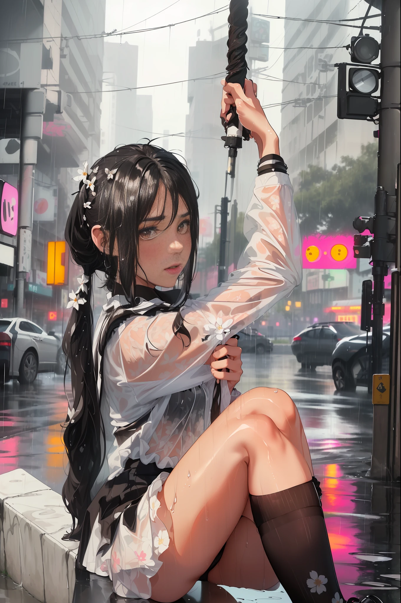 ((Best Quality), (Masterpiece), (In the Rain), 20-year-old woman, Beautiful woman, Beautiful wet black hair, (((Ponytail)), Floral hair ornament, Beautiful brown eyes, Portrait close-up, Wet white shirt, Tie, Checkered miniskirt, Black socks, Black shoes, (thighs), Neon Street,