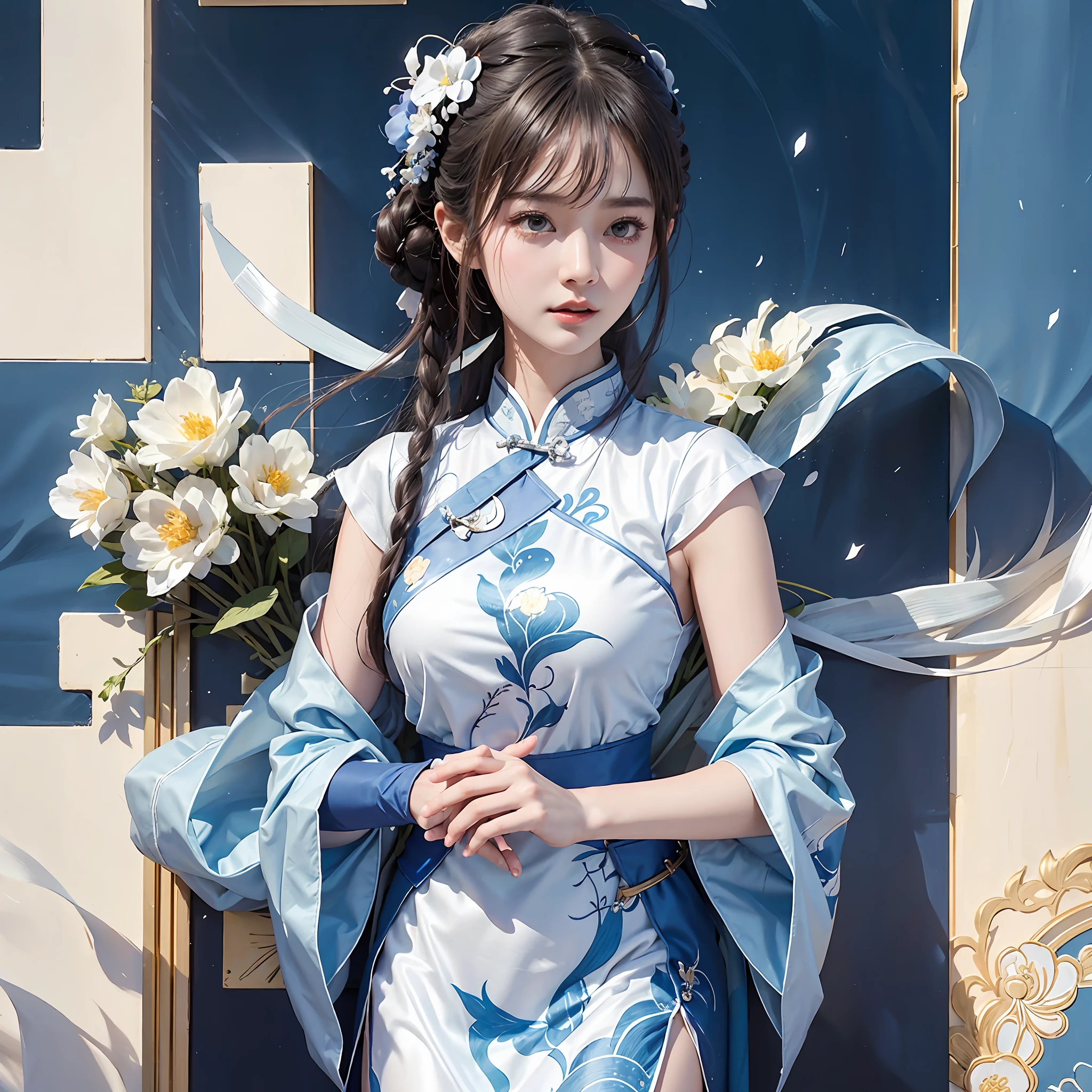 Close-up of a person holding a microphone in front of a blue background, white Hanfu, wearing a blue cheongsam, full body fairy, cheongsam, Kurase Jinyao, Ruan family beautiful! ,, Xian Xia, Wang Bingbing, wearing a blue cheongsam dress, real person --auto --s2