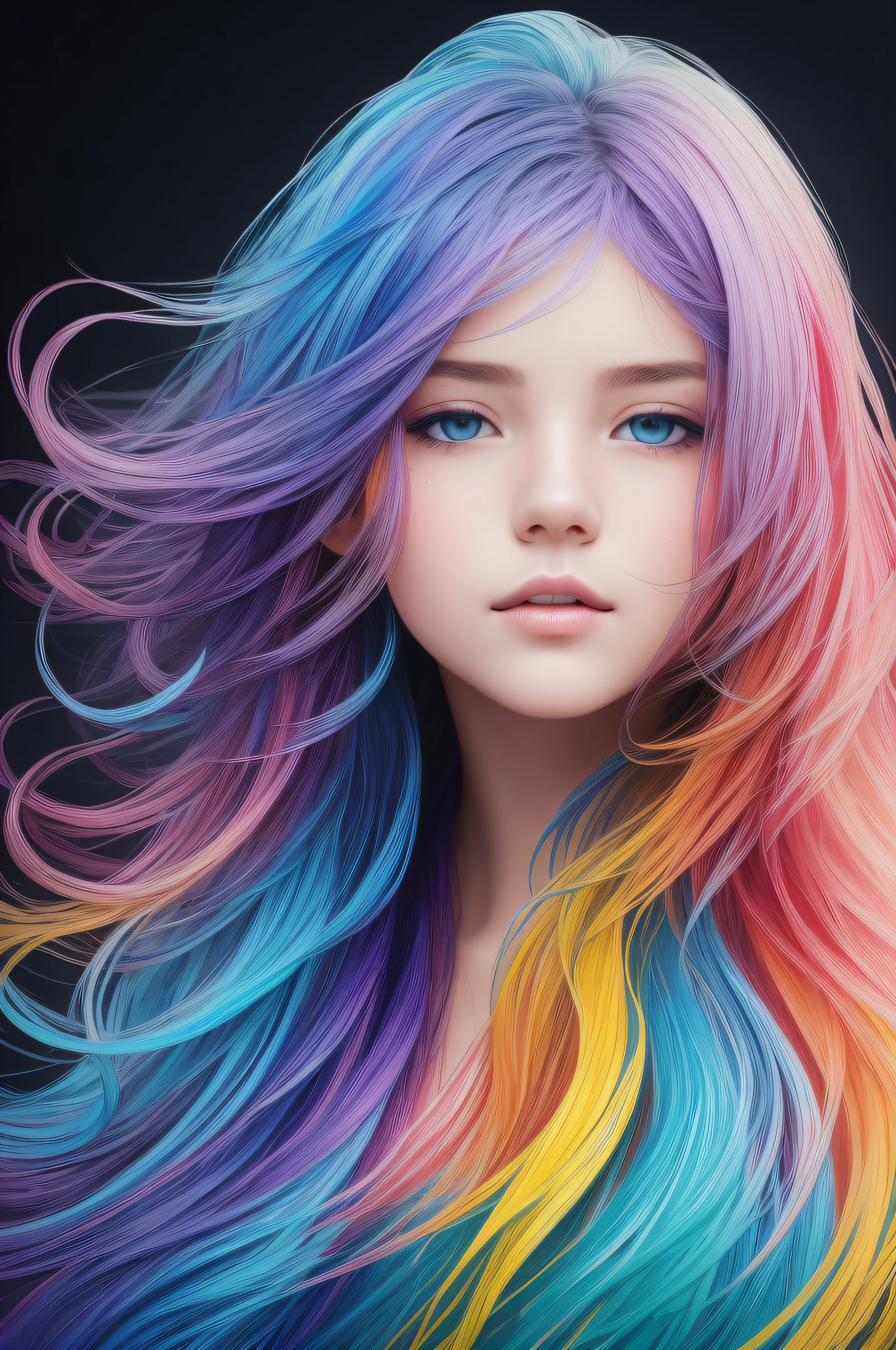 Colorful beautiful girl: a giru 8-, messy hair, oil painting, nice perfect face with soft skinice perfect face, blue yellow colors, light purple and violet additions, light red additions, intricate detail, splash screen, 8k resolution, masterpiece, cute face,artstation digital painting smooth veryBlack ink flow: 8k resolution photorealistic masterpiece: intricately detailed fluid gouache painting: by Jean Baptiste Mongue: calligraphy: acrylic: watercolor art, professional photography, natural lighting, volumetric lighting maximalist photoillustration: by marton bobzert:, complex, elegant, expansive, fantastical, wavy hair, vibrant