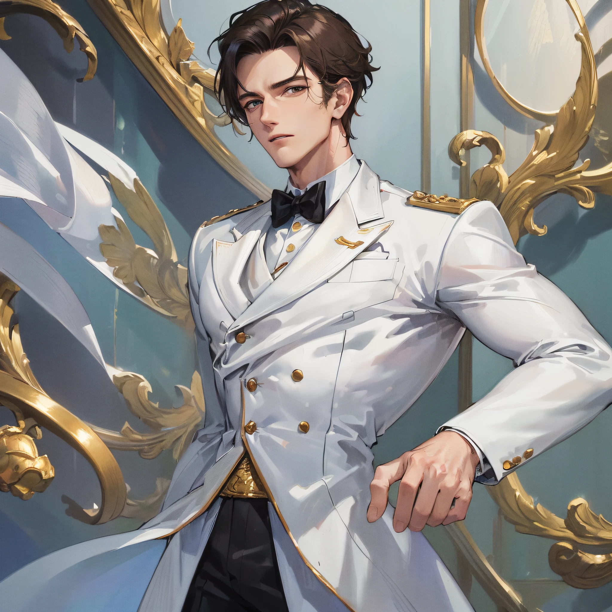 ((masterpiece:1.2, best quality)), 4k, 1man, adult, mature, handsome, very short hair, forehead, white suit, portrait, extremely detailed face, (muscle:1.4, wide shoulders:1.4, regular body)