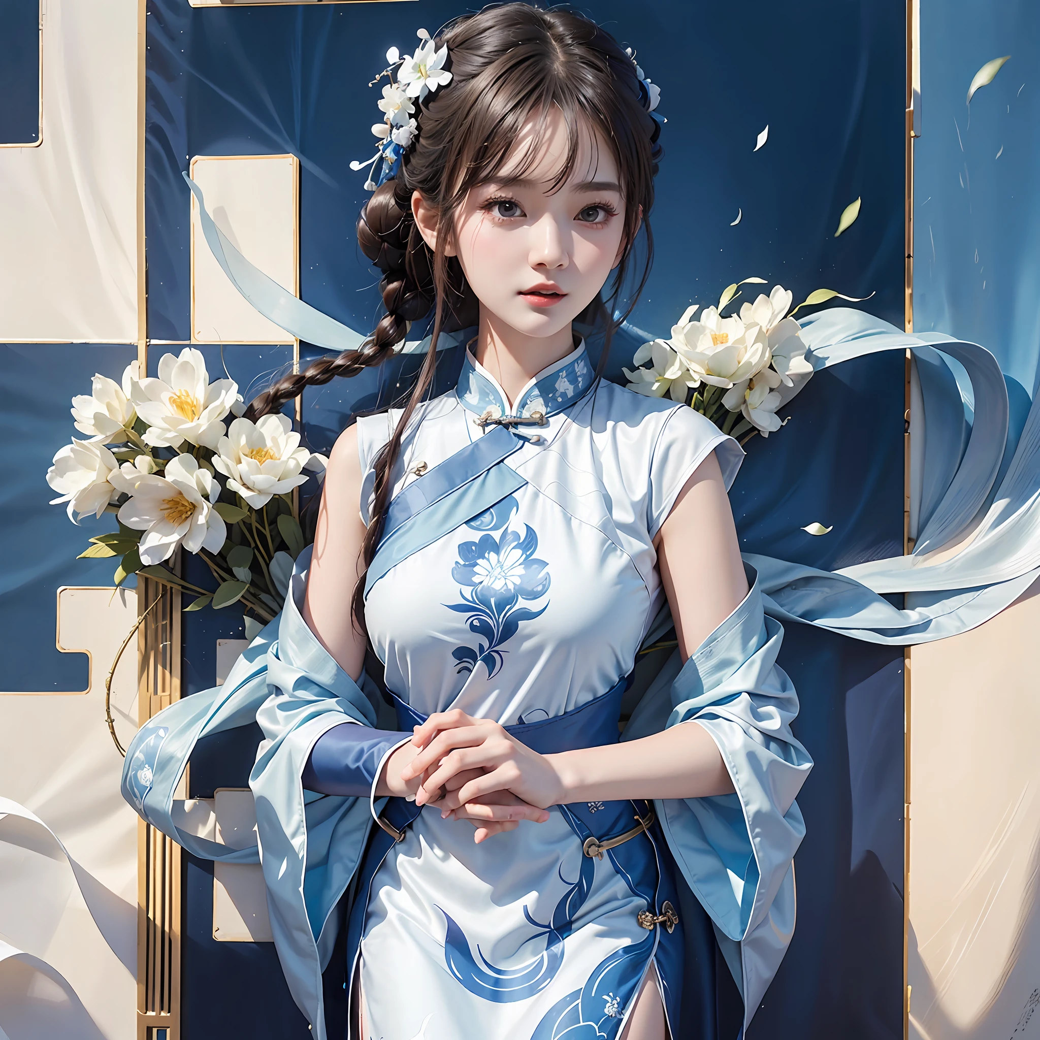 Close-up of a person holding a microphone in front of a blue background, white Hanfu, wearing a blue cheongsam, full body fairy, cheongsam, Kurase Jinyao, Ruan family beautiful! ,, Xian Xia, Wang Bingbing, wearing a blue cheongsam dress, real person --auto --s2