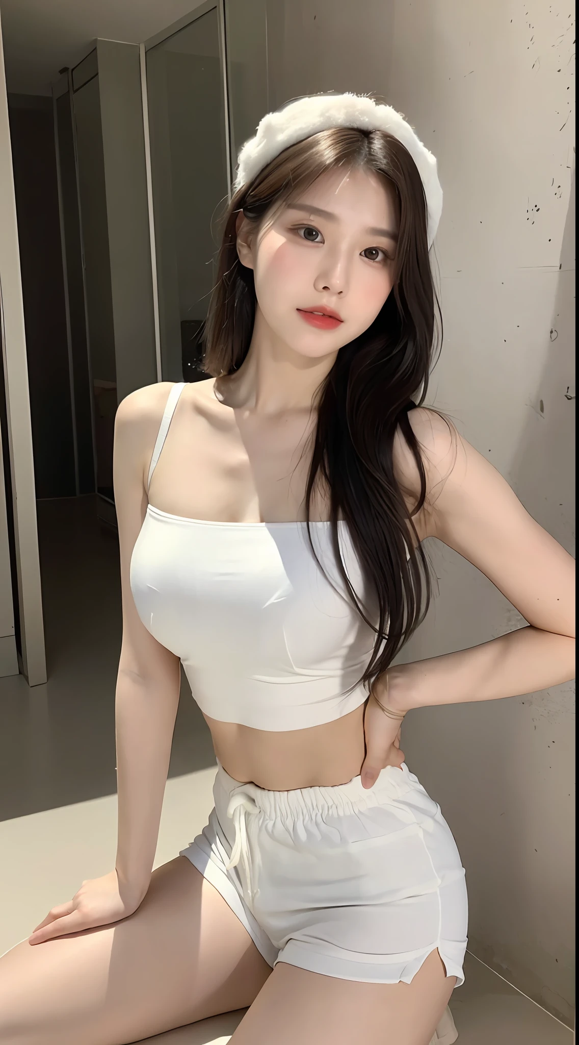 ((Best Quality, 8K, Masterpiece: 1.3)), (Flower Cap: 1.3), Focus: 1.2, Perfect Body Beauty: 1.4, Buttocks: 1.2, (Layered Haircut: 1.2)), (Dark Street: 1.3), Highly Detailed Face and Skin Texture, Full Body, Fine Eyes, Double Eyelids, Whitened Skin, Long Hair, (Round Face: 1.5), (Loose Crop Top, Shorts: 1.6) White Socks, Bra, White Panties