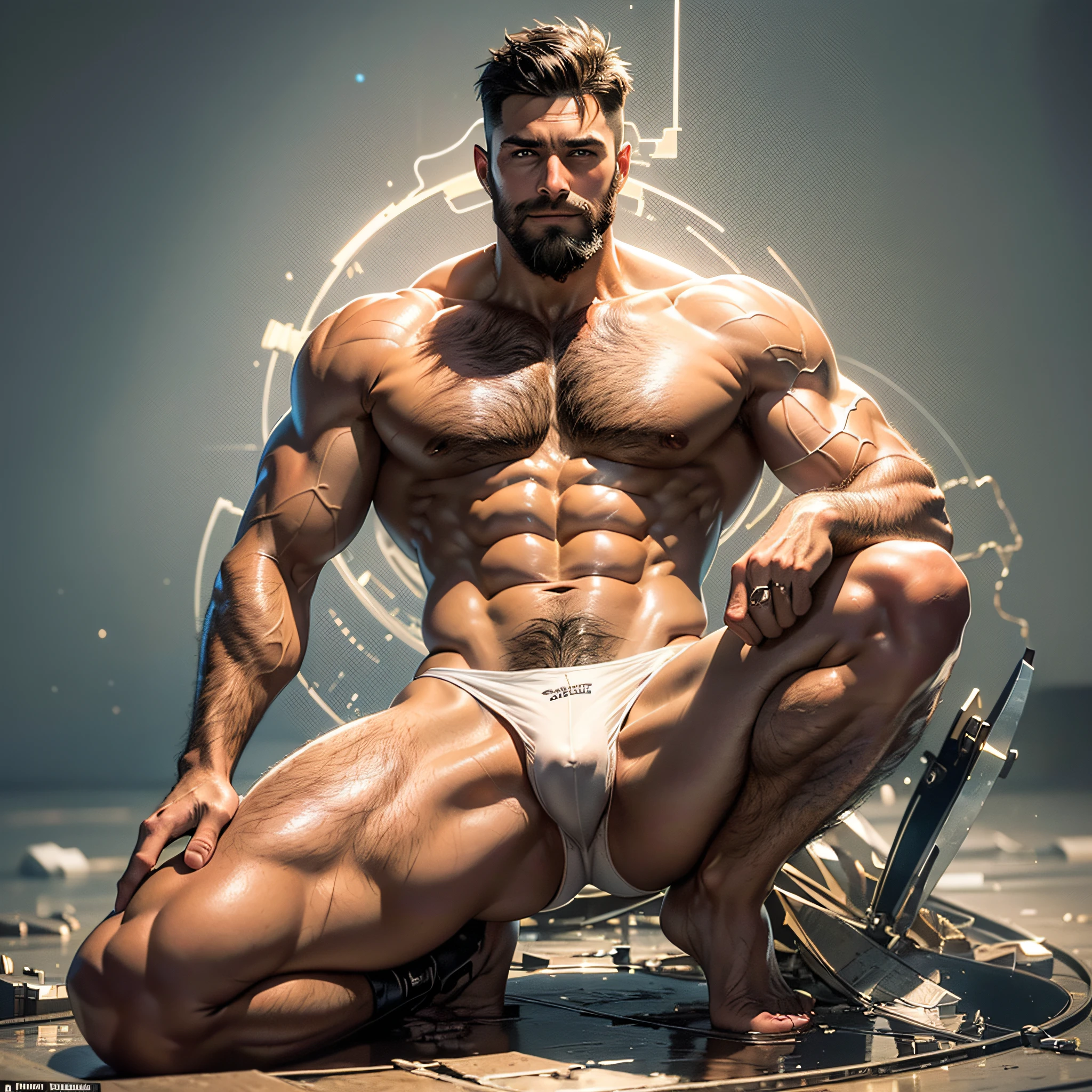 Best quality, realistic, award-winning illustrations, Full Body Display (Intricate Details: 1.2), (Fine Details), (Intricate Details), (Cinematic Lighting, Best Quality), Sharp Lines, Sharp Focus, Official Art, 16k, On White Background, (Bad Laughing Man: 1.3), A Naughty Young Boss, A Broken Cover Short Hair and Muscular Man with Stubble with a Beard, Macho (Short Hair Beard: 1.3), One Inch Head and a Smiling Look, Approx. 32 Years Old, (32 Years Old), Short Inch Hair, (Beard: 1.3), (Details with Light Wrinkles on the Face: 1.2), (Mature Male Facial Details: 1.2), (No Beard: 1.3) , pronounced male characteristics, flirting with the camera. No top, bare chest, revealing perfect chest muscles and alluring, only the lower body wearing completely transparent skin-colored thongs, naked, thick, varicose veins, slightly shiny, slightly nude, seems to overflow, alluring faint overflow, extreme detail depiction, man poses for photos, sexy and provocative, all white background, poses to take pictures. Full body display (transparent skin-colored thong with vaguely revealing internal erection structure: 1.7) (Extreme sexiness and seduction: 1.5) (Full body display, panty bulge, male erection: 1.6) --auto --s2