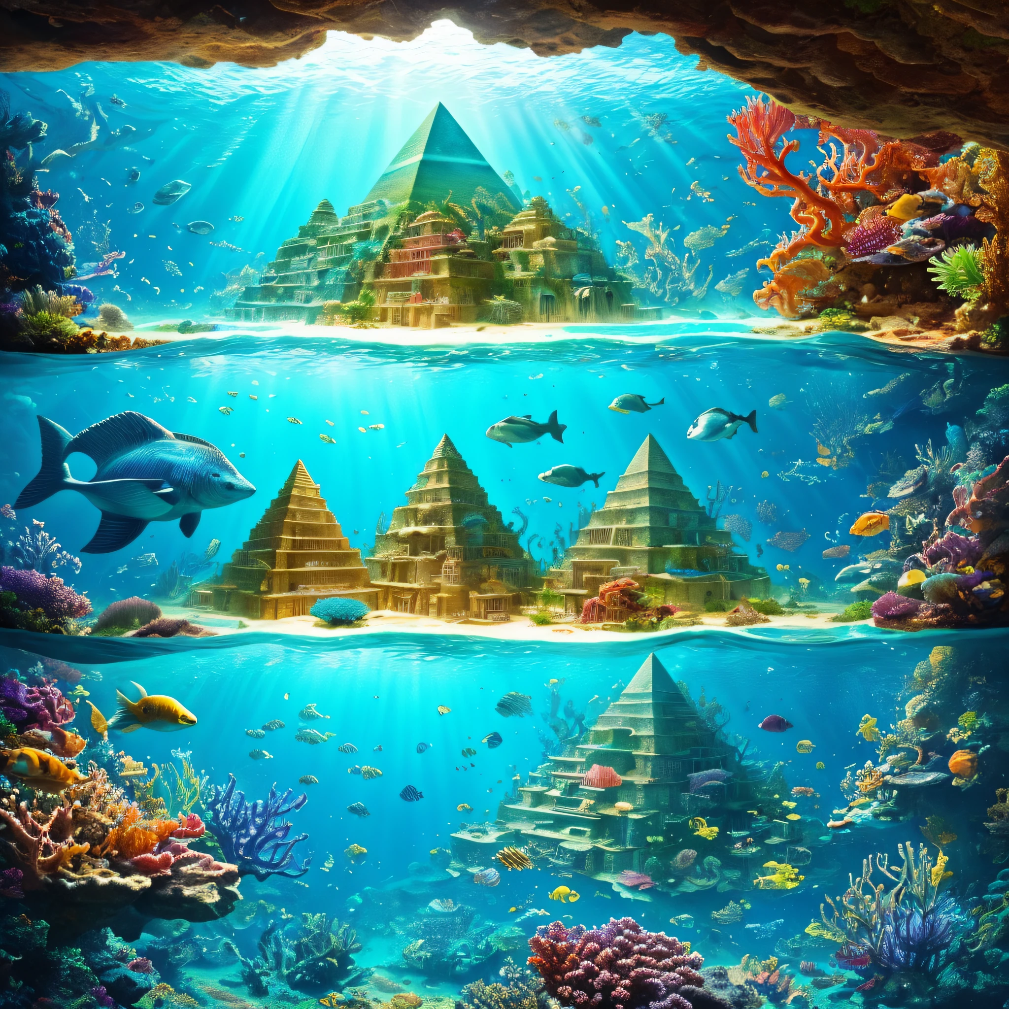 Underwater world deep sea, magnificent reality, (HDR: 1.4), dappled sunlight, cool colors, pyramids, underwater city, sea type house full of design sense, amazing art, magnificent composition, (complex details), (complex details, super detail: 1.2), art station, (masterpiece, top quality) --v 6