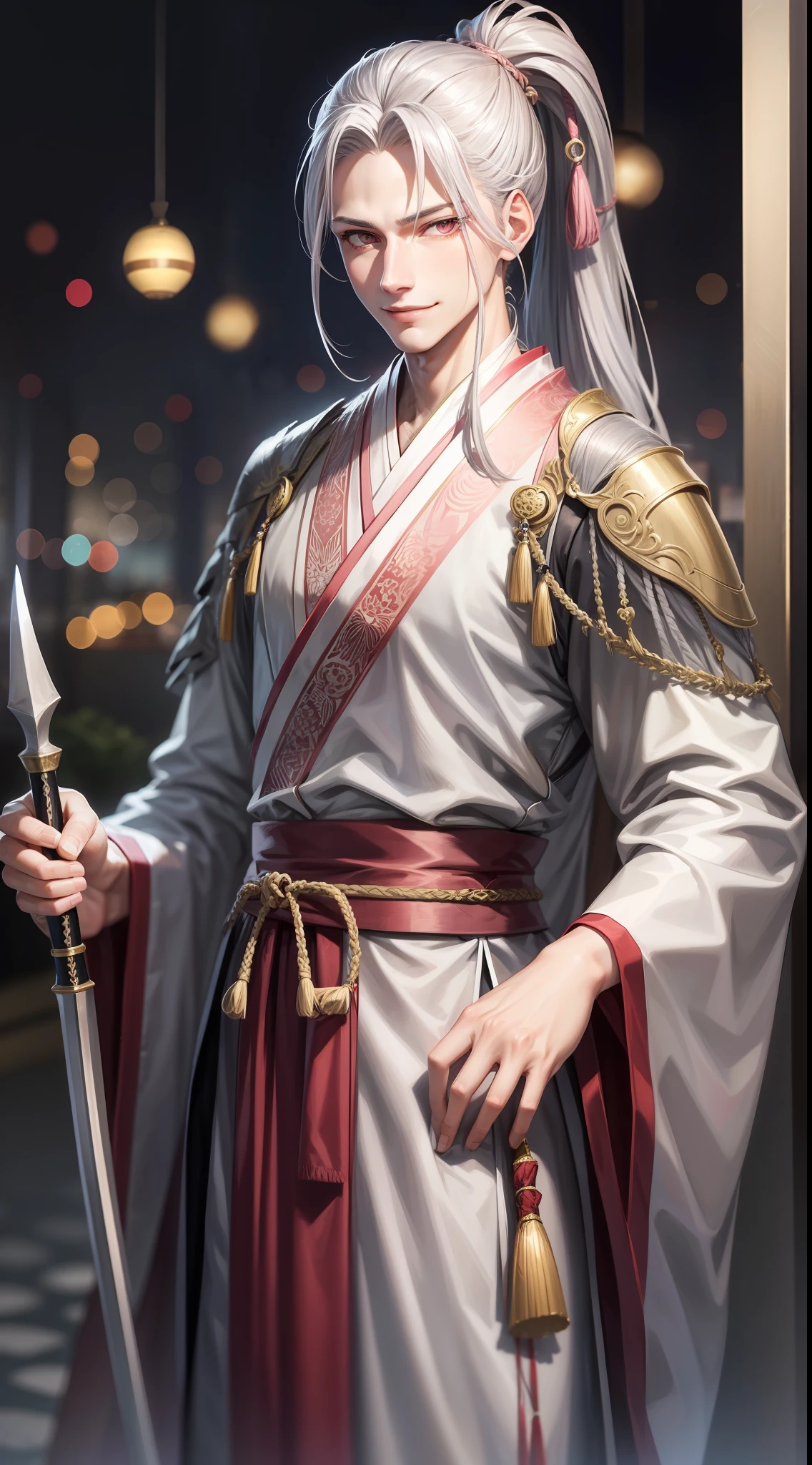 Young tall guy, long gray hair, pink eyes, high ponytail, hanfu, spear, smile, herons, masterpiece, high quality