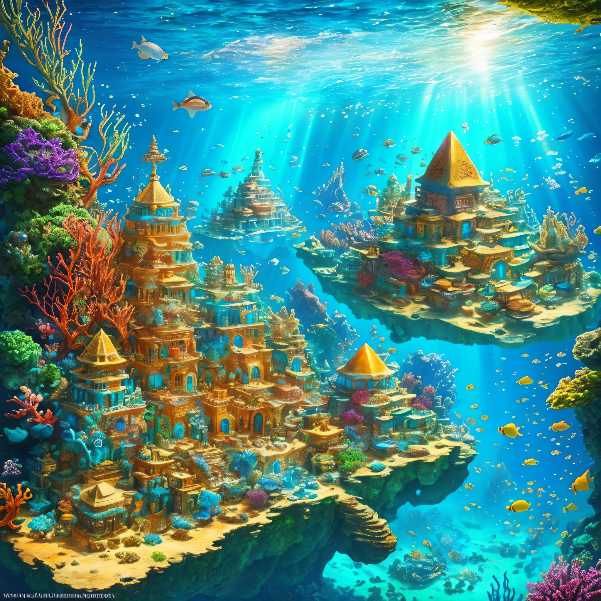 Underwater world deep sea, magnificent reality, (HDR: 1.4), dappled sunlight, cool colors, pyramids, underwater city, sea type house full of design sense, amazing art, magnificent composition, (complex details), (complex details, super detail: 1.2), art station, (masterpiece, top quality) --v 6