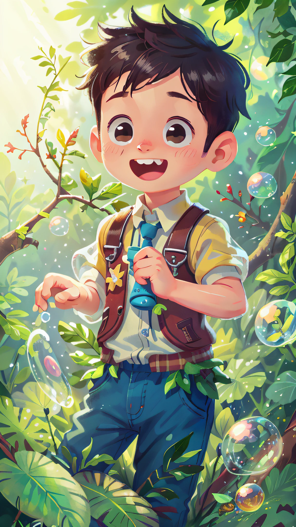 A boy, botanical garden, many bubbles, happy, happy, perfect quality, clear focus (clutter - home: 0.8), (masterpiece: 1.2) (Realistic: 1.2) (Bokeh) (Best quality) (Detailed skin: 1.3) (Intricate details) (8K) (Detail eyes) (Sharp focus), (Happy)