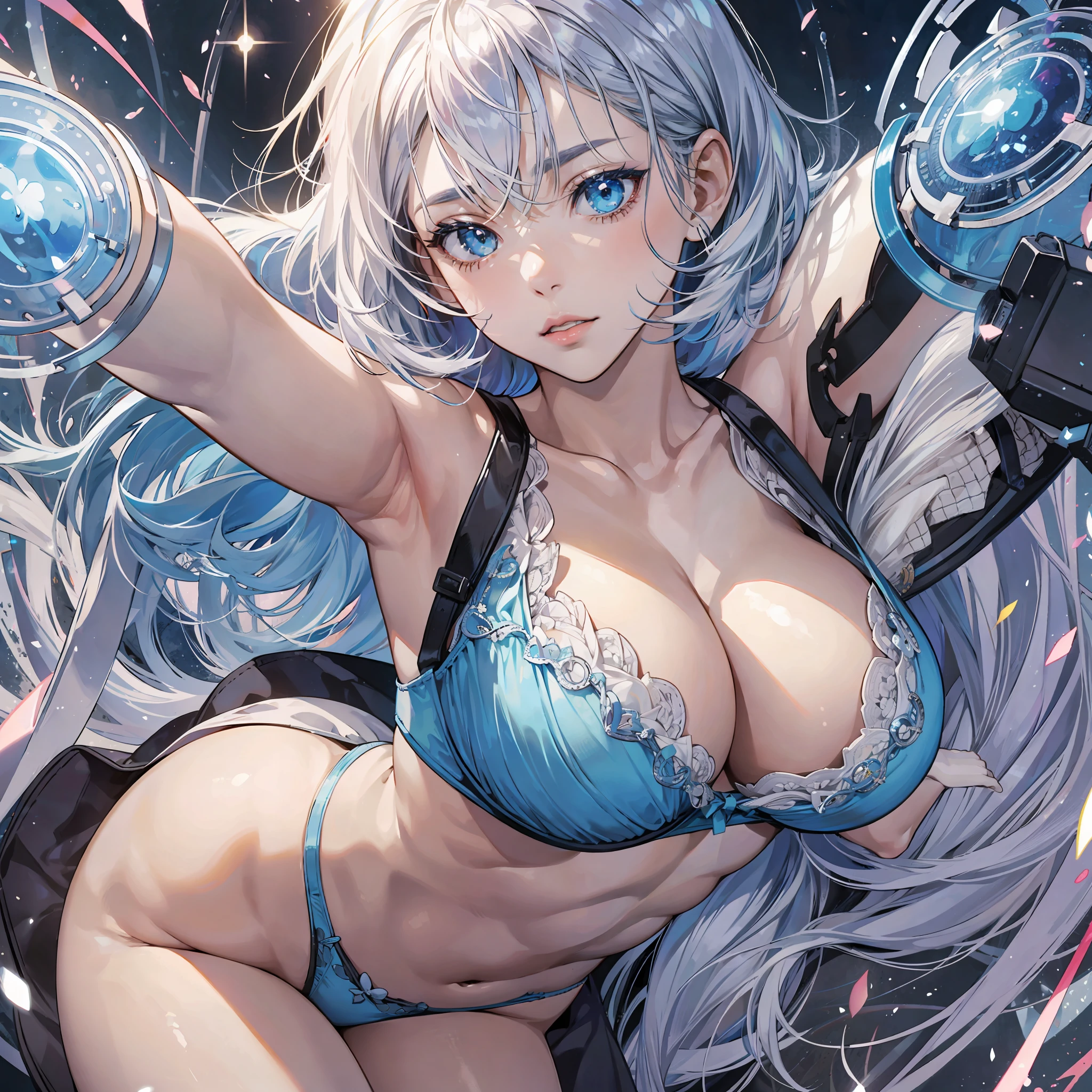 Lying on your back, arms raised, M-shaped legs, cute beautiful cool woman, troubled expression, anime, manga, illustration, fantasy, light blue sexy bra and panties, black knee high socks, white silver shiny flowing layered long bob cut, shiny shiny blue big eyes, shiny red lips, huge breasts, abs, amazing proportions, full body, Vivid golden and iridescent magic circles in background, high resolution, highest quality, ultra high quality, super detail, ultra-realistic