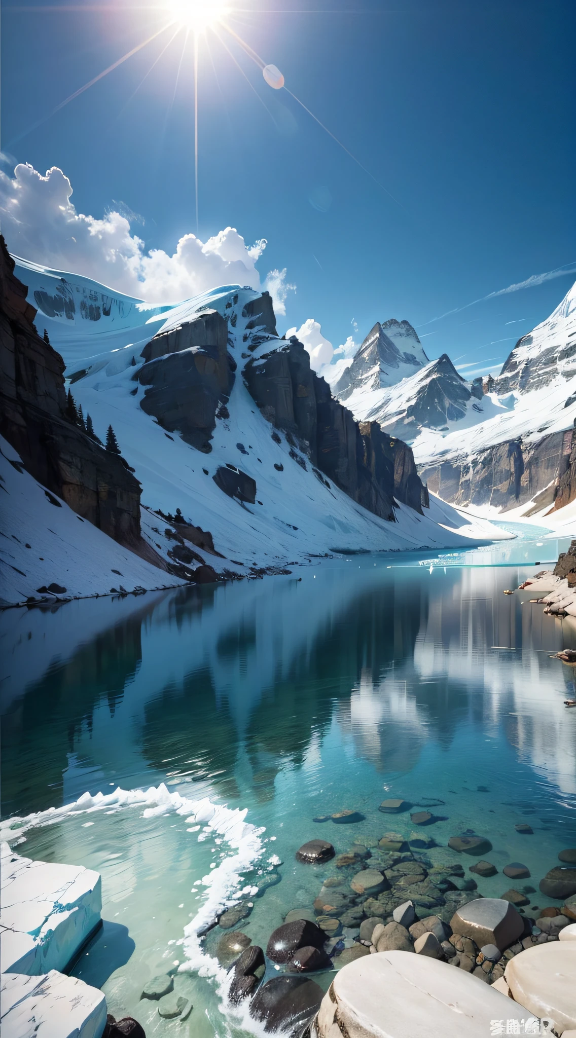 Glacier, water surface, with a rock platform in the middle, a white water purifier on the rock platform, dazzling sunlight, cold and warm contrast --auto --s2