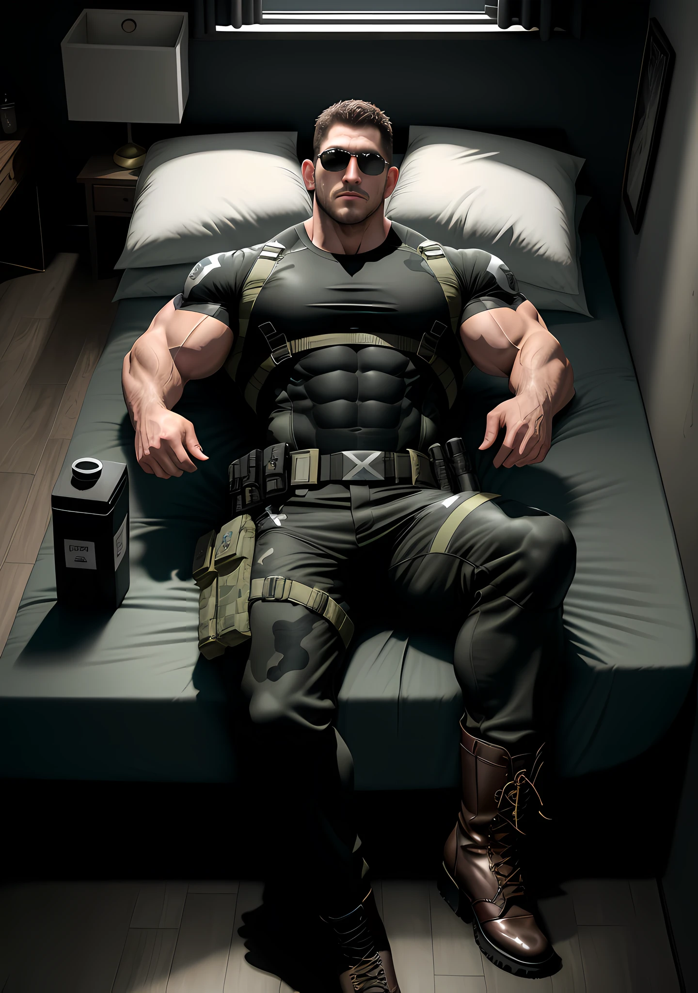 Character Design (Resident Evil - Chris Redfield, Chris Redfield) wears a handsome gray-black camouflage suit, lying on a big bed with a milky white soft bed, with a sad expression, a muscular male hero, a heroic male pose, tall and burly, muscular! Wearing sunglasses, sexy charming muscular leg muscles, burly and strong, handsome gray-black camouflage suit, super gain and cool, high resolution committee, rough big feet, military boots, attractive strong male, bright moonlight on the body, lonely