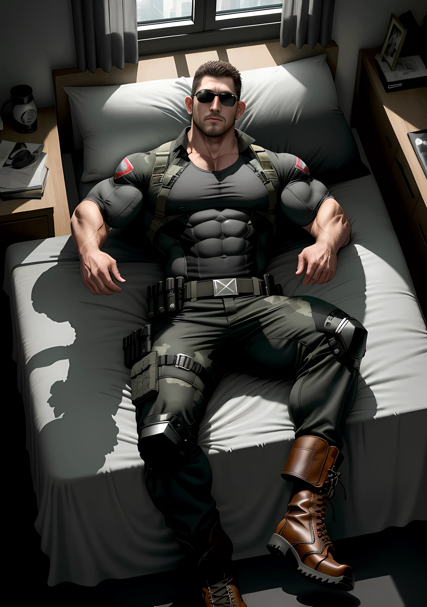 Character Design (Resident Evil - Chris Redfield, Chris Redfield) wears a handsome gray-black camouflage suit, lying on a big bed with a milky white soft bed, with a sad expression, a muscular male hero, a heroic male pose, tall and burly, muscular! Wearing sunglasses, sexy charming muscular leg muscles, burly and strong, handsome gray-black camouflage suit, super gain and cool, high resolution committee, rough big feet, military boots, attractive strong male, bright moonlight on the body, lonely