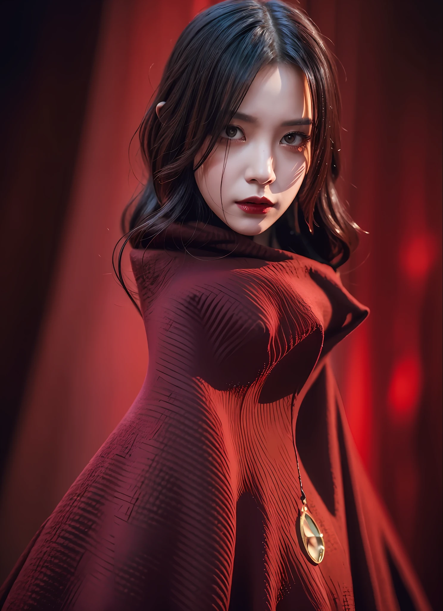 It produces works of women that combine fantasy elements with a dark and mad world view based on red. She has a creepy and charming figure, dressed all over her body in a dark red fashion style. The background is a fantastic fantasy world, where strange creatures and magical plants are present. Her figure is mysterious, with a brilliant blend of dark vibes and fantasy essence.
The effects of light and shadow are skillfully presented, and the details of the dark red costume and her face and expression are meticulously drawn. The fantasy element intensifies even more, and a dark red world envelops her. The overall atmosphere is mysterious and enchanting, yet it has its own artistic touch. The red and dark tones of this work stand out, which will evoke visual stimulation and aesthetic sensation, giving the viewer interest and mysterious charm.
He creates a work based on dark red that weaves fantasy elements into a dark and mad worldview. Her eerie and charming figure and fantastic red background will make a deep impression on the viewer as a unique work of art. The removal of the magic light emphasizes a darker and more mad atmosphere.