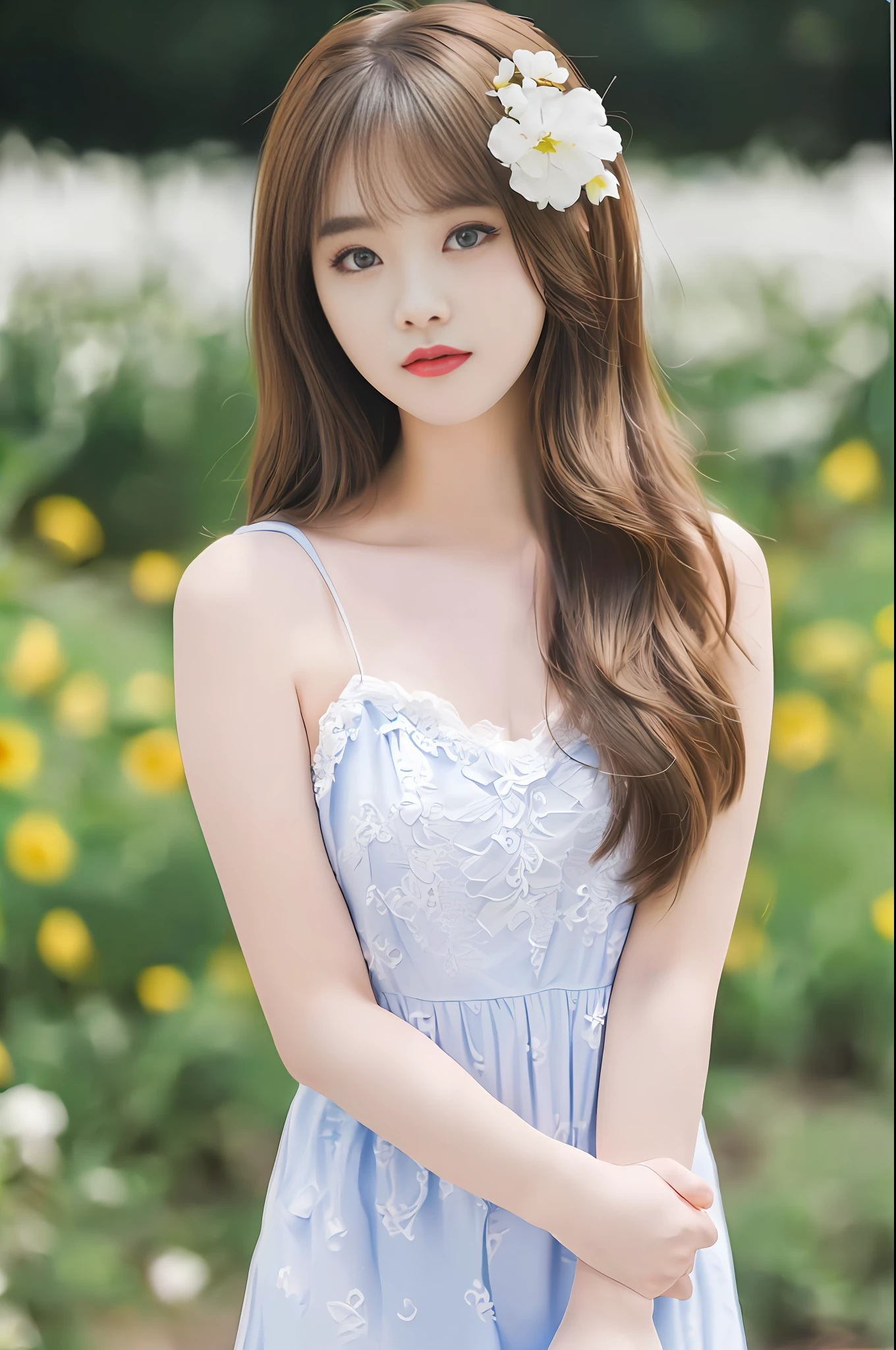 1 girl, extremely beautiful, 8k wallpaper, fine details, very detailed eyes and face, beautiful eye details, (RAW photos, best quality), (photo realism: 1.3), light face, full body, (triangle face), (light brown hair: 1), long hair, (big) eyes), ((puffy eyes), (Kpop idol), bangs,), (garden) thin, (eyes), (swollen), happy, looking at the audience, forward-facing photo, fashion lace slip dress, Blue sky, white clouds, meadows, flowers