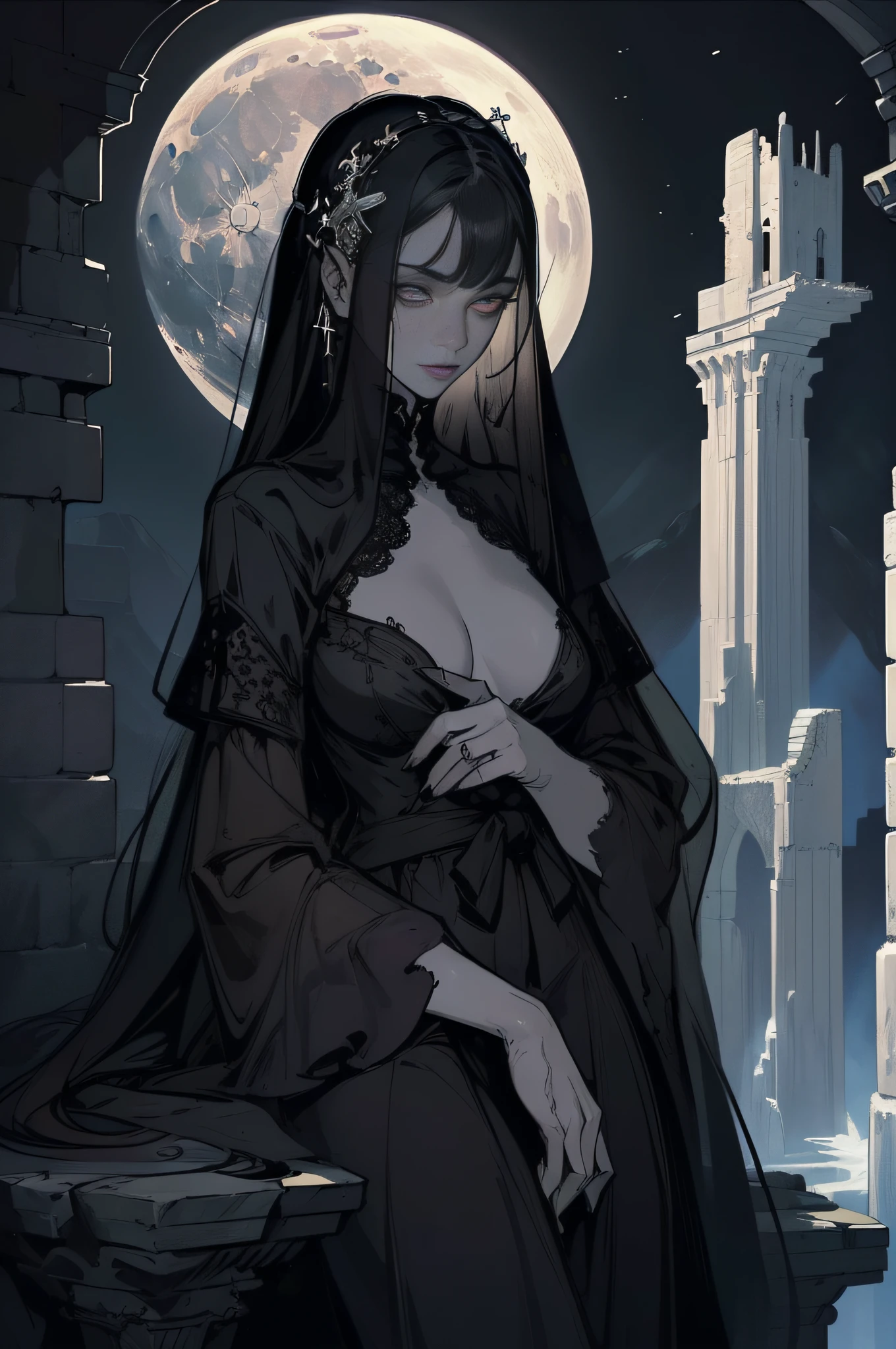 [Detailed illustrations, art based on extremely ideal anatomy, very detailed and detailed drawings, slow and delicate lines, realistic texture expression],((Color tressed main lines)),(Artwork with outstanding craftsmanship),(Midnight ruins (Background of a stone castle leaking in moonlight)) Full Moon,Vampire Girl Japanese Beauty ((Beautiful but sick face, sunken eyes)) Skinny ************ (delicate and bony figure) Bare feet (((straight cropped bangs)) Fine beautiful straight long hair (black cat),(Beautiful skin shining on the moon (pale skin)),Cloak of darkness (ribbon lace embroidery),(ephemeral melancholy)) (Moonlight))) Gravure (Sedentary) ((Tindall effect)),((Dark fantasy)),((Fine and beautiful skin expression ( Transparency))),((Clear gaze)),((Perfect eye details (Beautifully drawn pupils))),(Beautiful perfect face (Realistic face details)),((Beautiful hair details)),(Proportioned and perfect proportions)),(High-level built design,((Advanced structural understanding of materials)),Ideal color coordination),((Artistic decoration)) ((High-density detail)),((Detail,High definition)),[(Ultra-precision detail),((Multilayer texture)),HighQuality,High Resolution],((Accurate simulation of light-material interaction, understanding of air flow,Mechanically correct representation)),(((Visual art with narrative)).