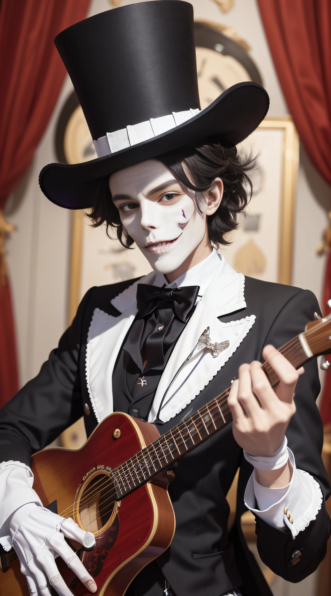 masterpiece, best quality,8k,highestres, absurdres, extremely detailed, brook, 1 boy, afro hair, solo, looking at viewer, an extremely tall skeleton dressed in formal attire complete with top hat and guitar, ((skeleton hands and body)), graveyard background,///,