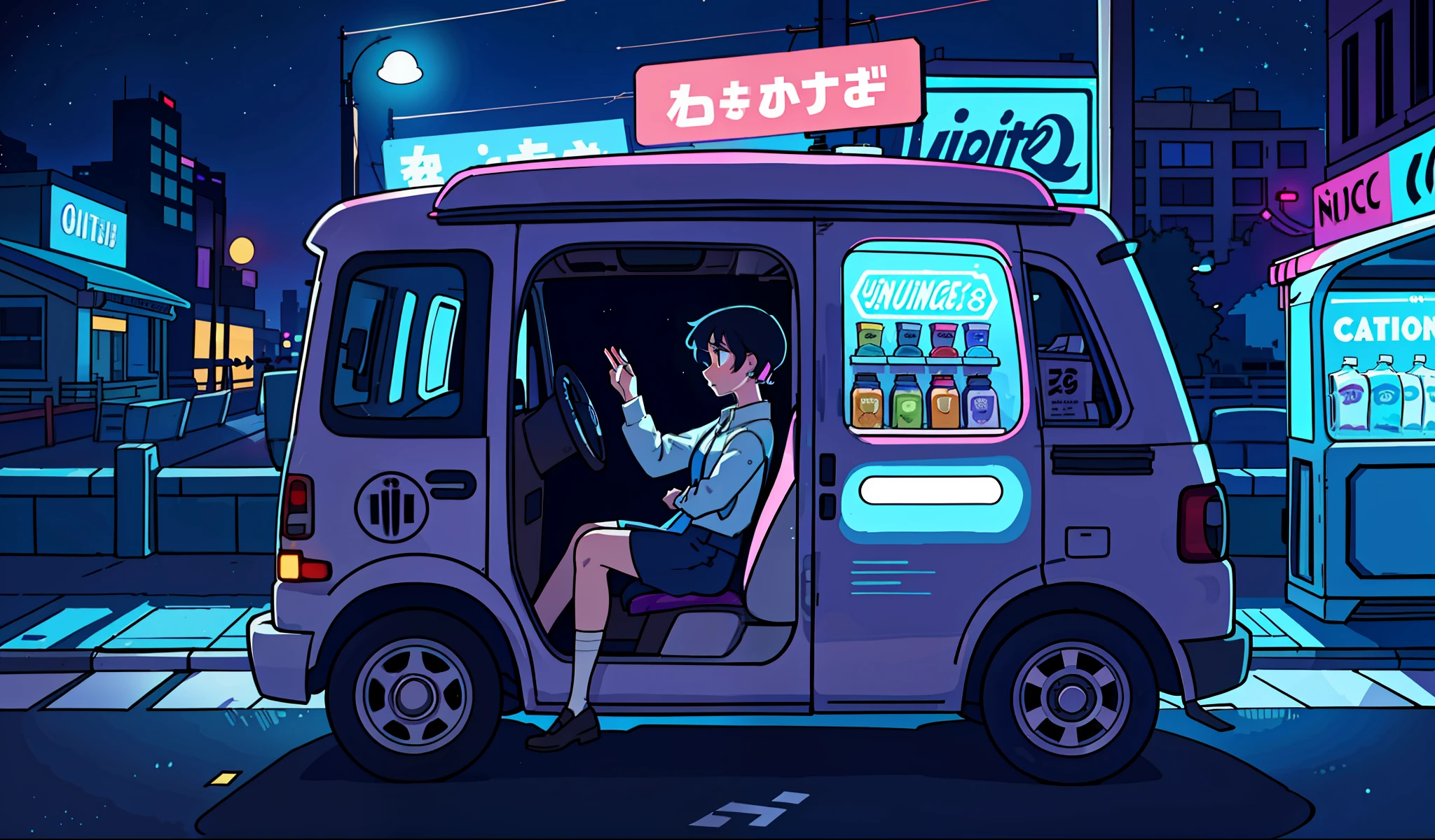 20s girl, city background, vending machine, car, night, 80s,
(Best Quality: 0.8), (Best Quality: 0.8), Perfect Anime Illustration, Dark Unclear Face, Glowing Eyes
