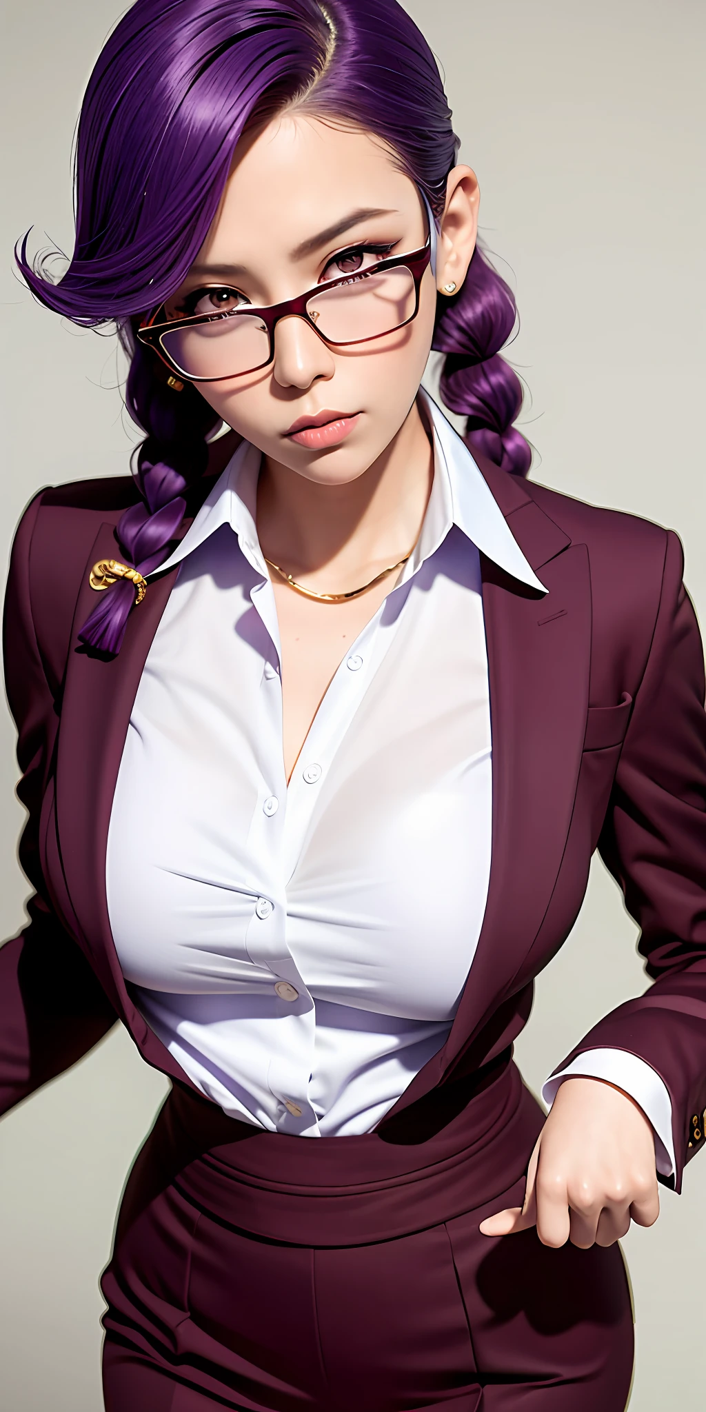 best quality, masterpiece, purple hair, gold eyes, secretary clothes, looking up, upper body,hair strand,Fair skin,side braids, big boobs, tan skin, maroon glasses