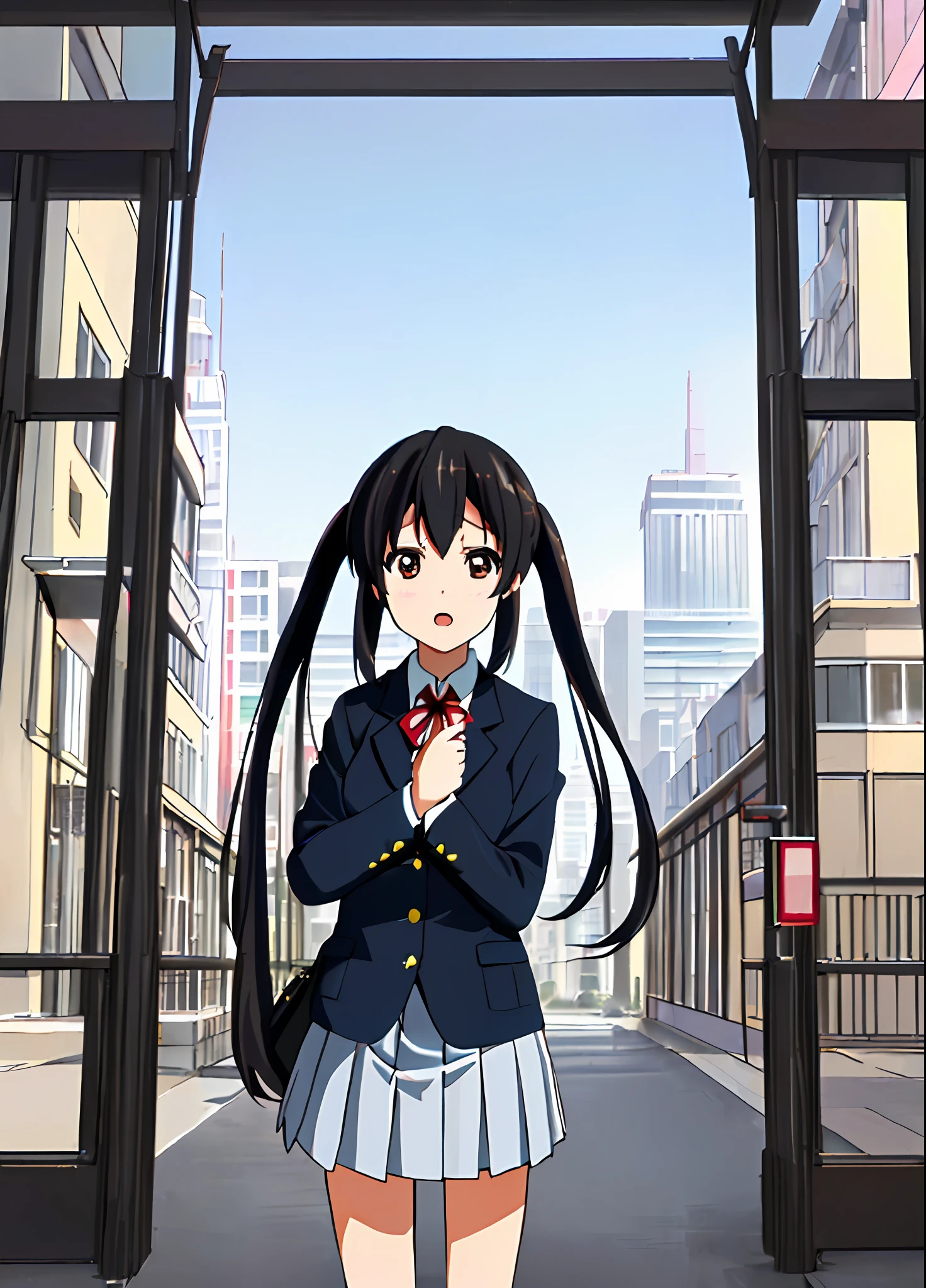 1girl, ((((Masterpiece))), Best Quality, Best Quality, High Detail, Azusa Nakano, 1girl, Sakuragaoka High School Uniform, Musical Instrument, School Uniform, Twin Tails, Long Hair, Black Hair, Brown Eyes, Solo, Red, Dark blue blazer with a thin ribbon of red, Solid white button shirt under blazer, Illustration, Cartoon, Soothing tones, Muted colors, Soft cinematic light, Adobe Lightroom, Photo Lab, HDR, complex and highly detailed, (((depth of field))))). (((Masterpiece))). (((highest quality))).) ((super detail))). (((Illustration))). (((Outside))). (((fighting stance))).,((((Giantization))).dynamic focus.small breasts. (((skyscrapers))). (((Cityscape))). (((Face of sadness))). open mouth.