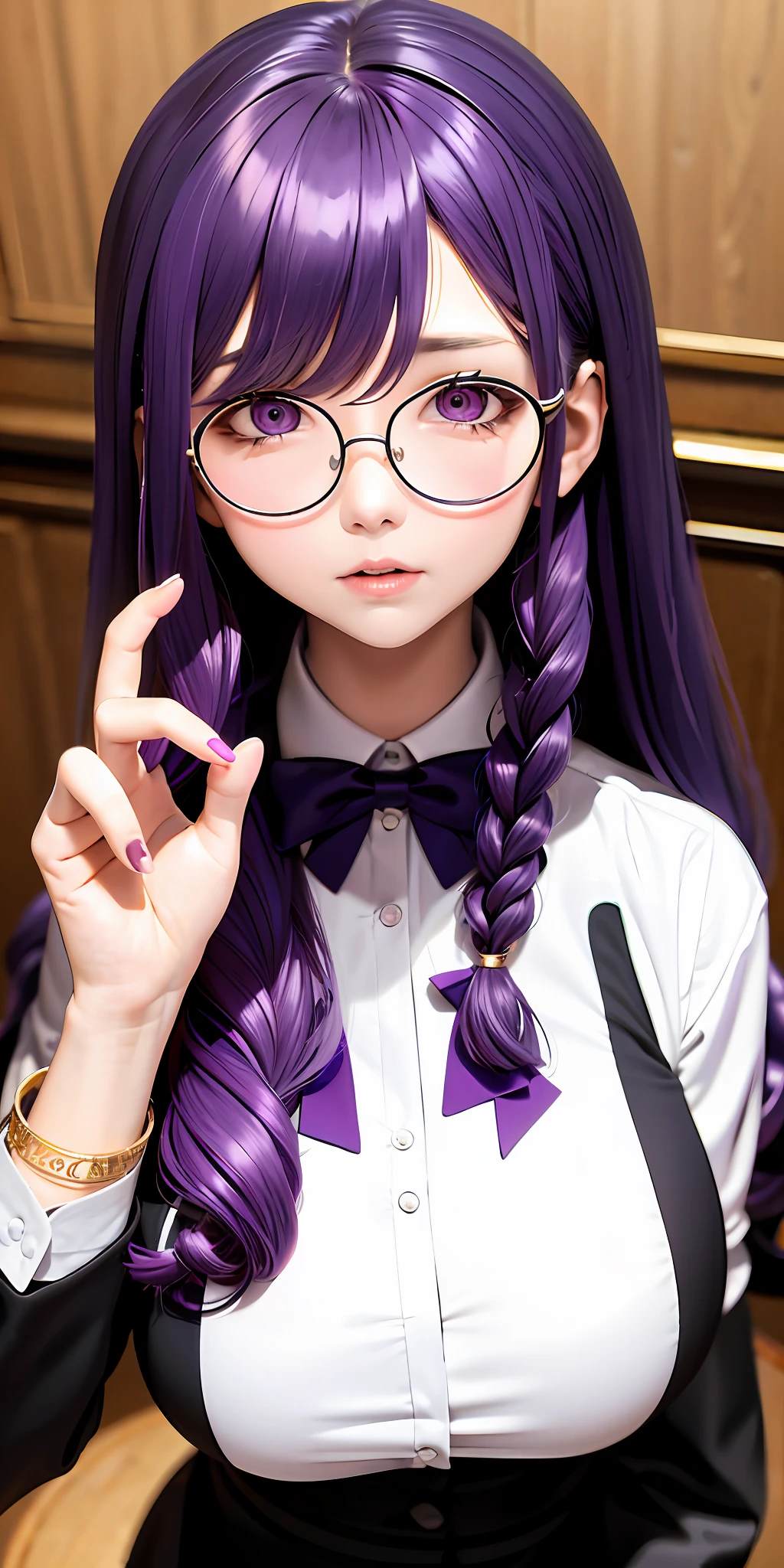 best quality, masterpiece, purple hair, gold eyes, secretary clothes, looking up, upper body,hair strand,Fair skin,side braids, big boobs, tan skin, meron glasses