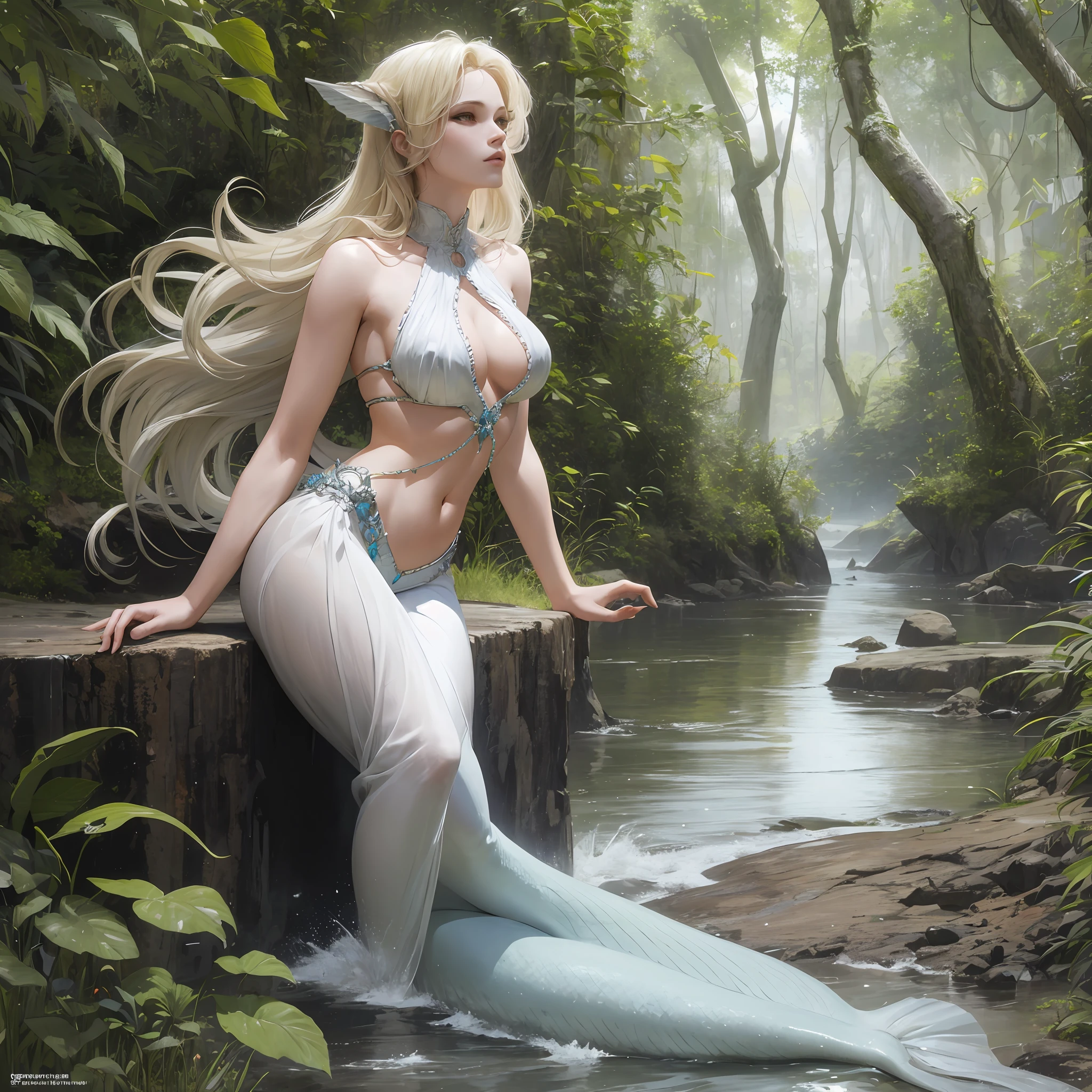 Lemurian mermaid goddess on beach, sexy, blonde, mystical world forrest, hyper real, dynsm8