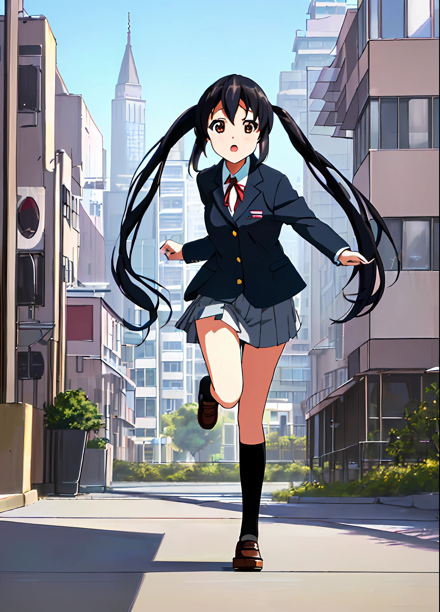 1girl, ((((Masterpiece))), Best Quality, Best Quality, High Detail, Azusa Nakano, 1girl, Sakuragaoka High School Uniform, Musical Instrument, School Uniform, Twin Tails, Long Hair, Black Hair, Brown Eyes, Solo, Red, Dark blue blazer with a thin ribbon of red, Solid white button shirt under blazer, Illustration, Cartoon, Soothing tones, Muted colors, Soft cinematic light, Adobe Lightroom, Photo Lab, HDR, complex and highly detailed, (((depth of field))))). (((Masterpiece))). (((highest quality))).) ((super detail))). (((Illustration))). (((Outside))). (((fighting stance))).,((((Giantization))).dynamic focus.small breasts. (((skyscrapers))). (((Cityscape))). (((Face of sadness))). open mouth.