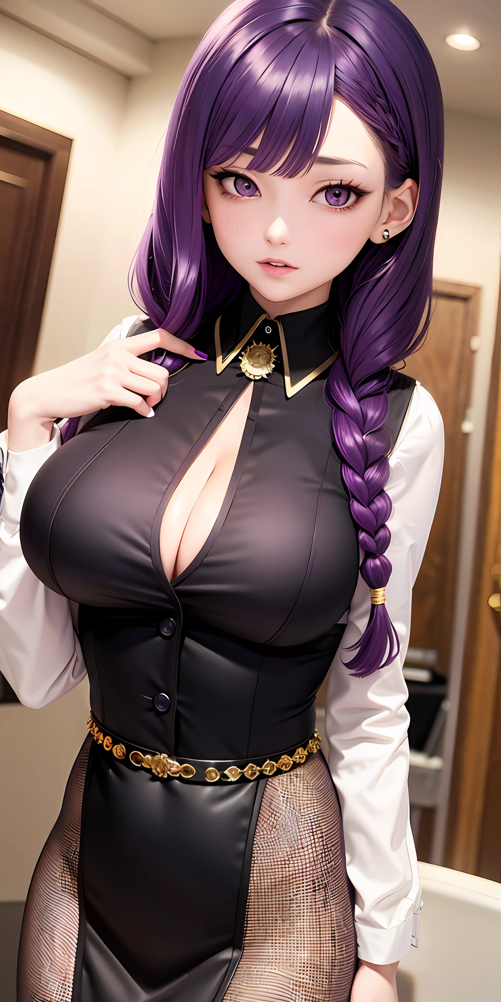 best quality, masterpiece, purple hair, gold eyes, secretary clothes, looking up, upper body,hair strand,Fair skin,side braids, big boobs
