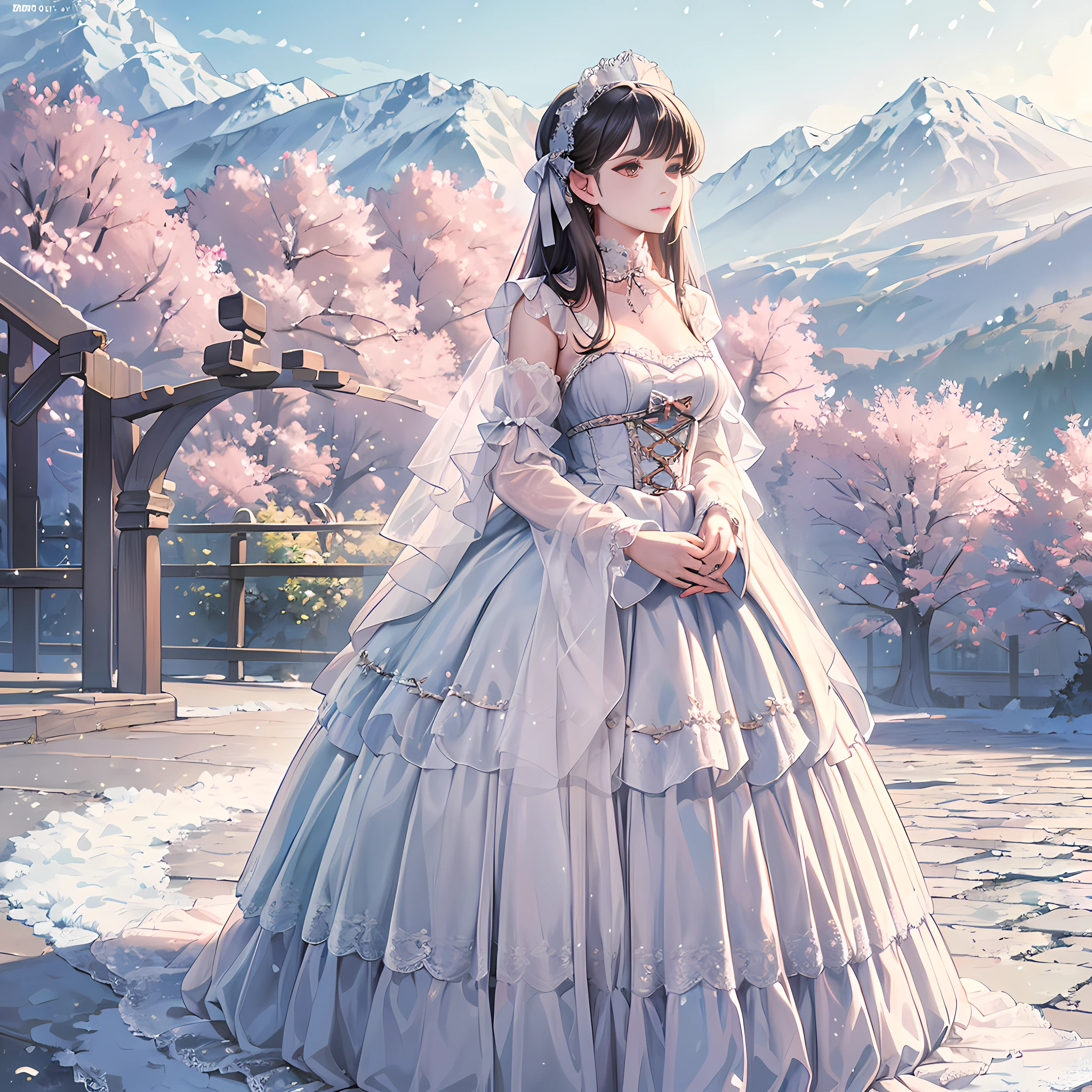 (Masterpiece, Top Quality, Top Quality, Official Art, Beautiful and Aesthetic:1.2), 1 girl, long black straight hair, solo,ta_dress,lace,(she's in the park),looking from above,snowy winter,ribbon decoration