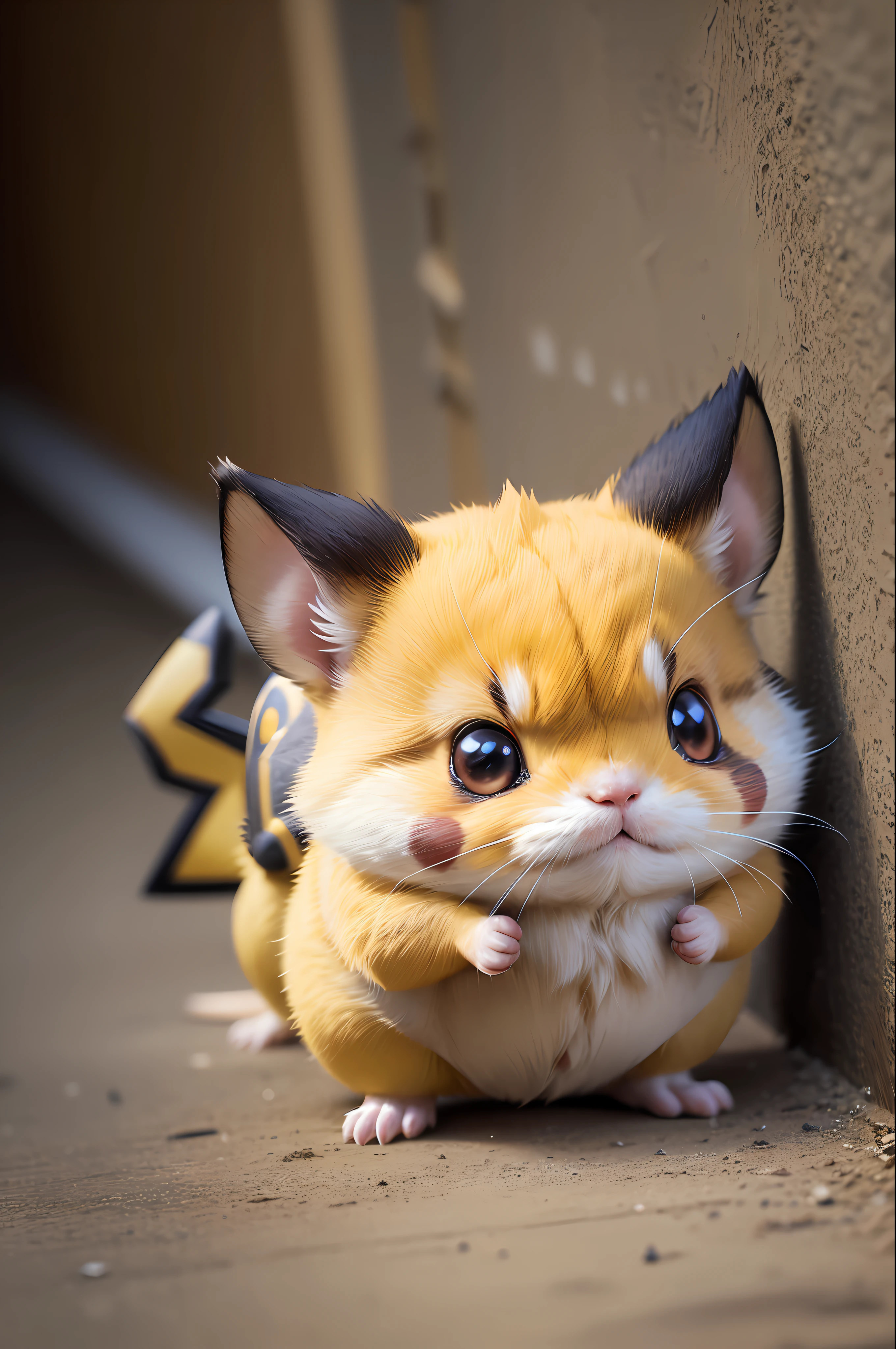 pokemon "1Pikachu" , yellow furry , Little furry beast , hamster, solo , cute fat , Angry , preparing to attack, electric yellow glowing, fur standing,