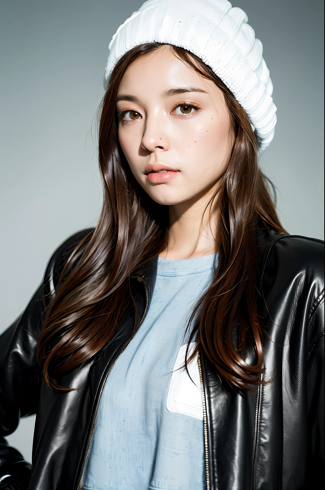 ((8k:1.27), best quality, masterpiece, ultra highres:1.2) Photo of a beautiful Latina (linda:1.1) (science fiction warrior woman:1.1) space soldier, (beanie:1.61) (leather jacket:1.21) intricate elegant, costumed, detailed, metric by greg rutkowski and alphonse mucha, gradient lighting