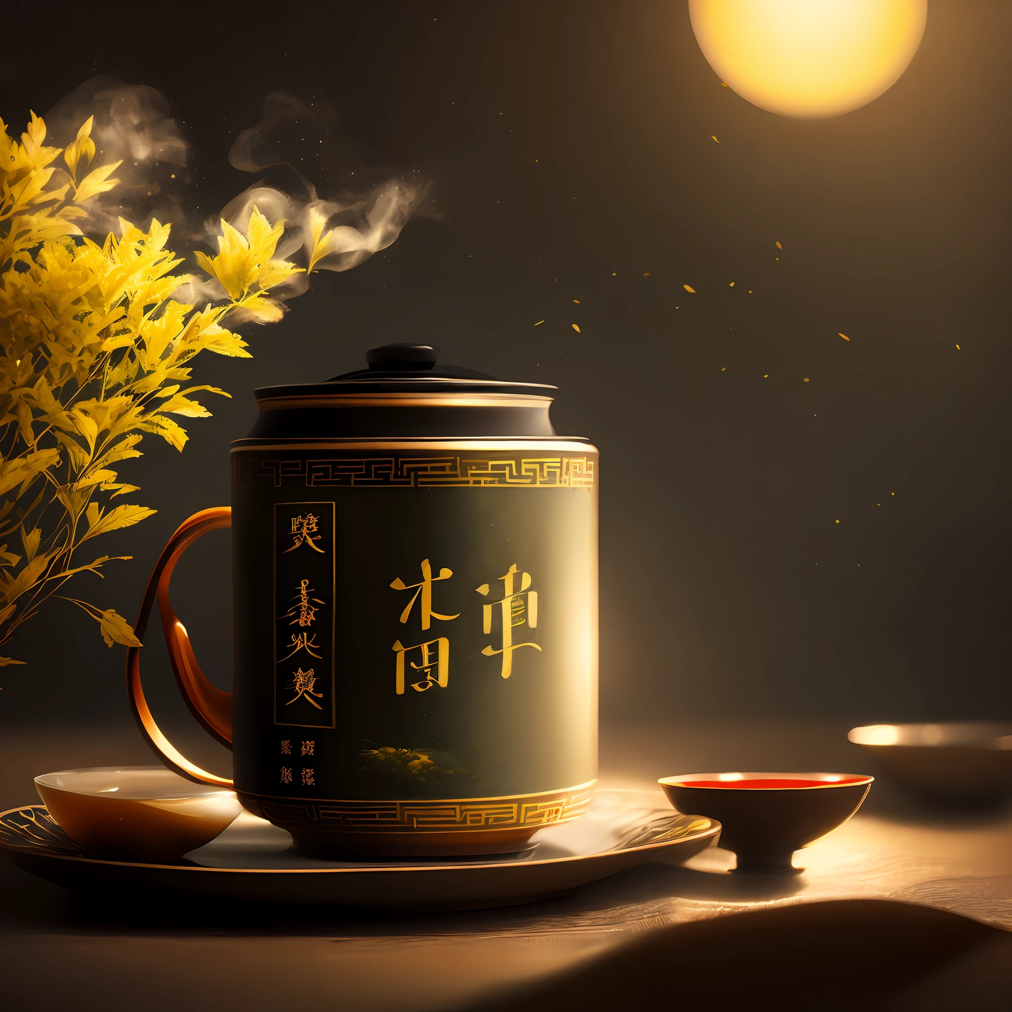 Chinese Tea, Traditional Chinese Elements, Product Photography of Chinese Tea Packaging, Epic Rendering, Octane, Atmosphere, Particles, Soft Volumetric Light, (Backlight: 1.3), (Movie: 1.3), Intricate Details, (ArtStation: 1.3)