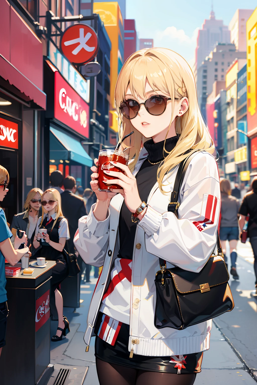 Blonde hair, wearing sunglasses, American girl, drinking Coke, in New York