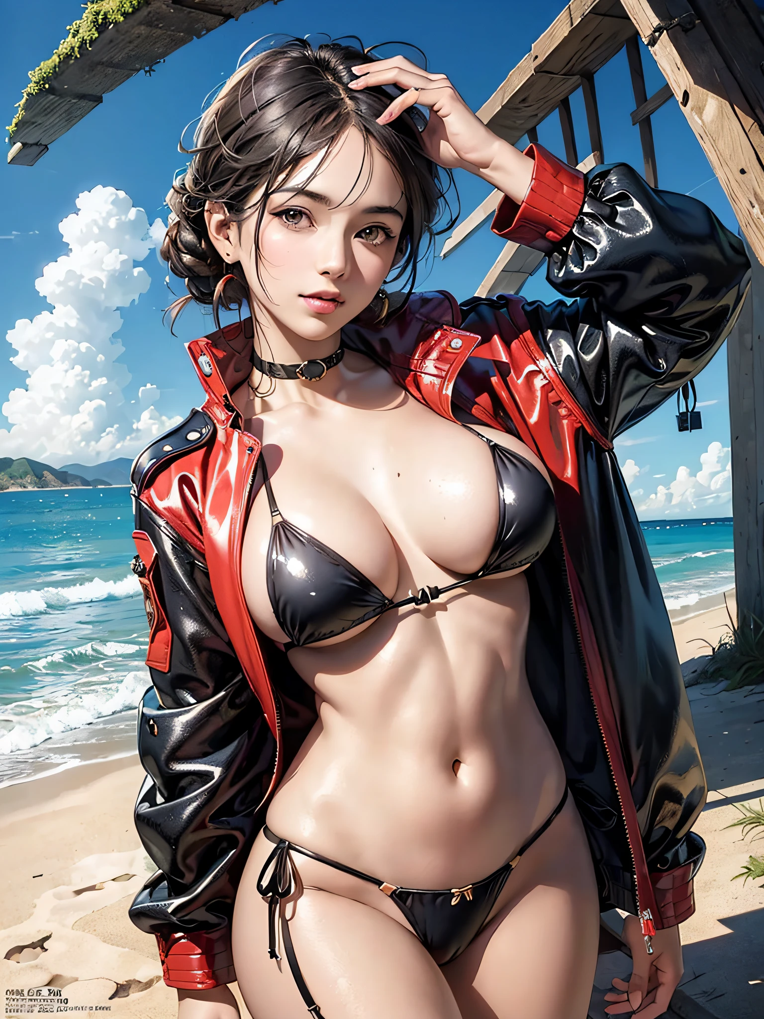 (masterpiece, best quality:1.4), illustrations, (solo:1.2), (original), (very detailed wallpaper), photographic reality, (ultra detailed:1.4), (super complex details), (Magazine cover style:1.3), featuring a taihourq-inspired character, solo, looking at the viewer with large breasts, standing confidently. salute,(seductive smile:1.1),The character is dressed in a black multi-strapped bikini with a thigh strap, and a red jacket draped over her shoulders. She is posing on a beautiful coastal beach with a backdrop of blue sky and white clouds, creating a vibrant and lively atmosphere. The overall composition should have the aesthetic and proportions of a magazine cover, with a focus on the character's appearance and the vivid beach setting.