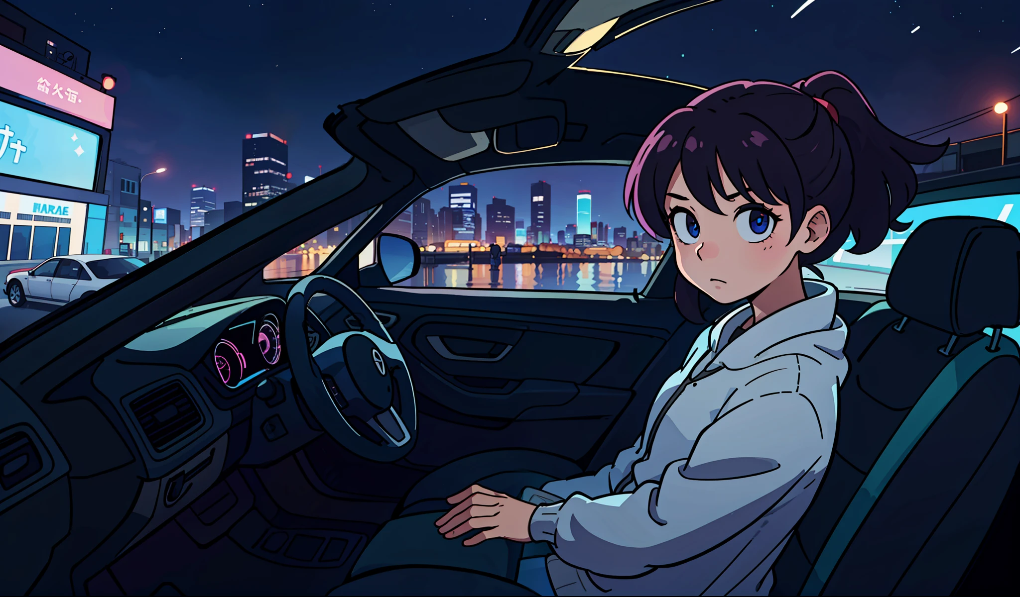 girl in her 20s, city background, car, night, 80s,
(Best Quality: 0.8), (Best Quality: 0.8), Perfect Anime Illustration, Dark Unclear Face, Glowing Eyes