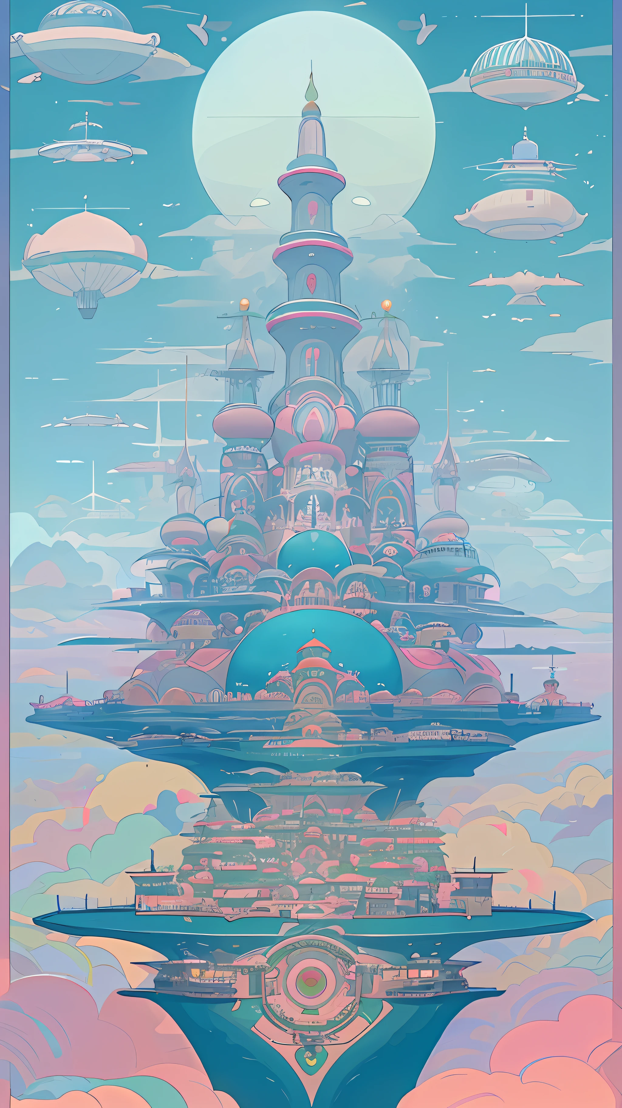 A kooky and whimsical image of a futuristic world, designed in Wes Anderson’s signature symmetrical style with high saturation colors.

The world is populated by fantastical and unusual architecture, with towering spires and bulbous domes painted in bright pinks, greens, and blues. The buildings are laid out symmetrically, creating a sense of order and balance in the bustling metropolis.

The sky is filled with airships and flying cars, moving in a sublime, labyrinthine pattern. AI-driven robots in sleek white hover around delivering parcels, while giant, luminescent sea creatures made of plastic float slowly through the sky.

The colors in this utopia are rich and saturated, with pastel pinks and blues contrasting against vivid greens and yellows. Everything is meticulously arranged, as evidence by the neat rows of buildings and the orderly traffic in the sky.

Overall, the image captures the essence of Wes Anderson's style, with its symmetry and bright, quirky design elements. It is a playful and whimsical representation of a futuristic world, where anything seems possible and the sky is the limit.