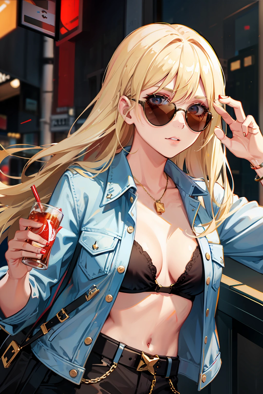Blonde hair, wearing sunglasses, American girl, drinking Coke, in New York
