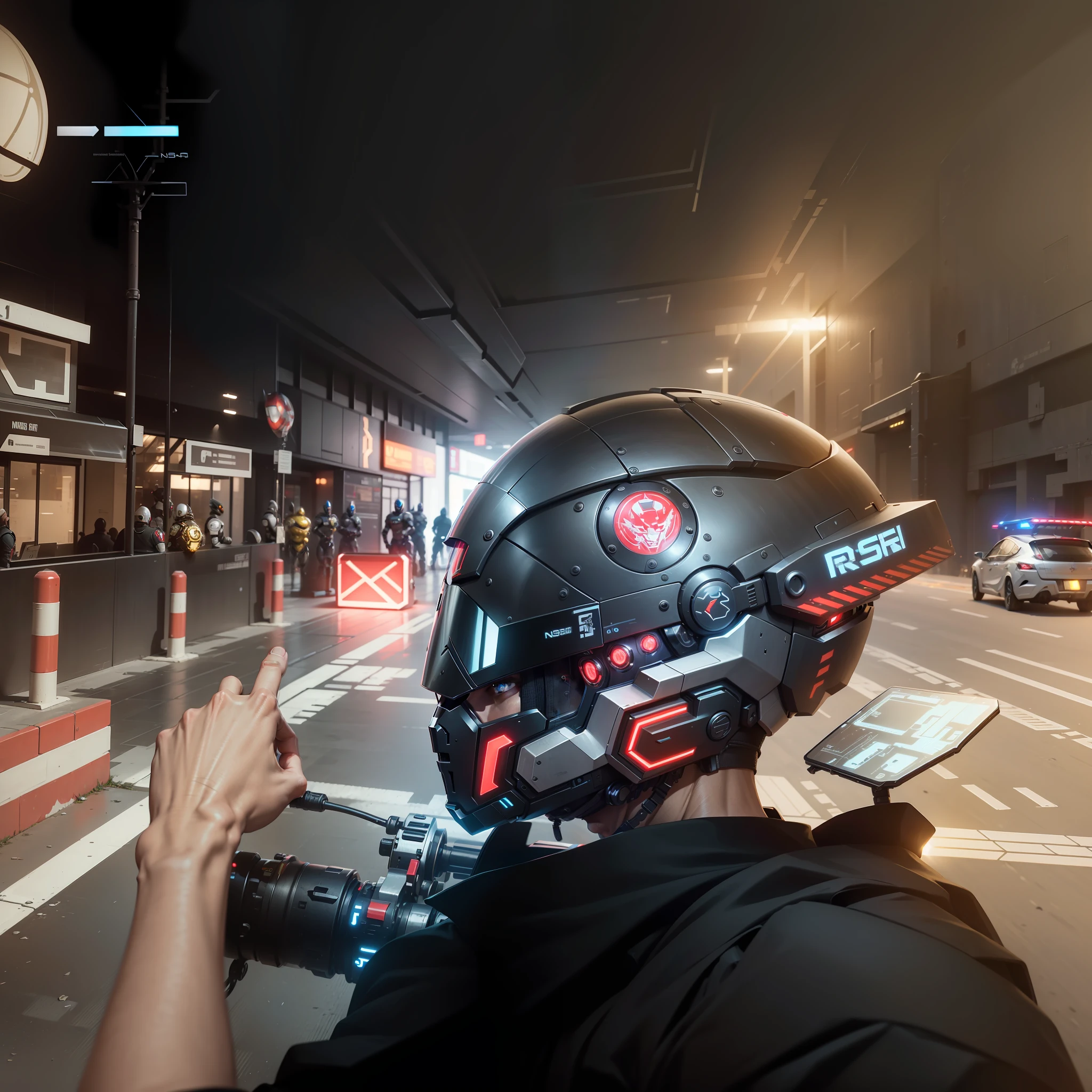 Cyber Male Warrior with Cyber Tech Helmet, Nousr, Biomechanics, MSHN Robot Man, High-Tech Helmet, Surreal, Steel, Intricate Design, Crazy Details, Fine Details, Extremely Clear Lines, Cinematic Lighting, Photo Realistic, Detailed Masterpiece