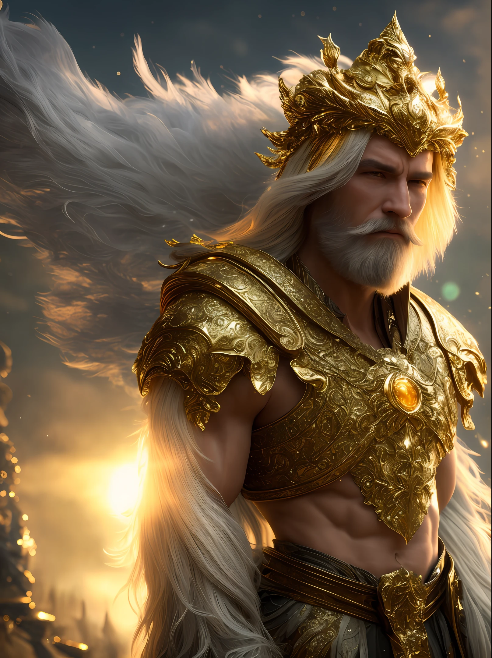 super high resolution, best quality, photo, 8k, (photorealistic: 1.2), cinematic lighting, An old man shaped like a fantz wlop, giant man with beard in bright white robes and floating on the crystal throne floating on crystal clouds, yellow eyes, bright yellow light emitted from the throne, precious stones floating in the sky, God, with beams of light enveloping his body,  with large translucent, feathered wings on the crystal throne, wings are open, golden light (halo:1.2) over your head, abdominal muscles dressed in medieval golden armor, beard, masculine, dark, masterpiece, best quality, intricate details, snow environment and crystals in the background, crystal cathedral, portal of the future, 3D light, HD, magic, god of light, backlighting,  detailed face, DREAD, depth of field, soft lighting, tone mapped, highly detailed, concept art, smooth, sharp focus, dramatic lighting, highly detailed art, cinematic, 8K, amazing shadows (highly detailed background: 1.2)
