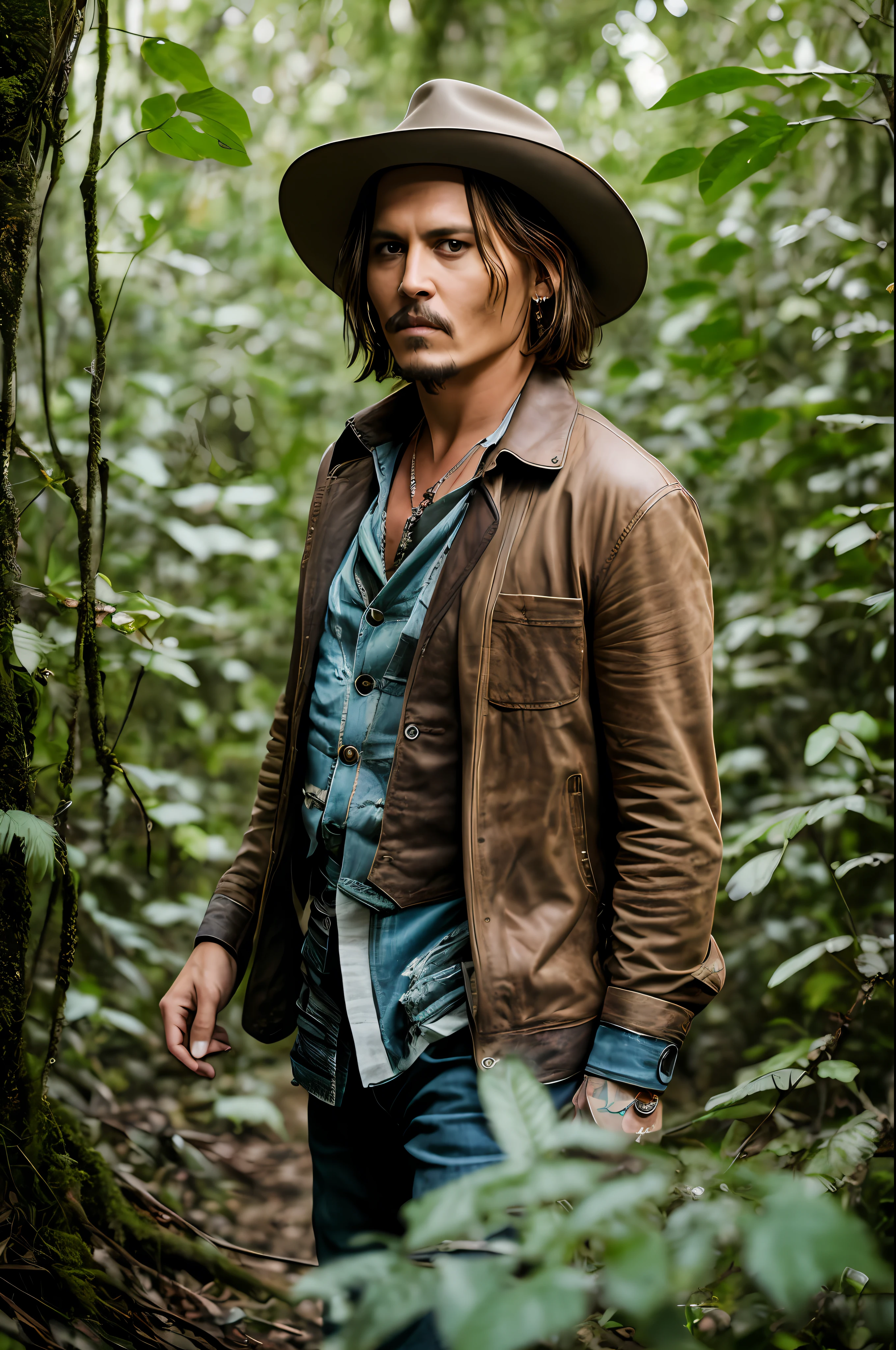 Masterpiece, Johnny Depp Walks Through the Jungle (Night of Fireflies), (High Detail: 1 1), Rough Face, Natural Skin, High Quality, NSFW, Beautiful Eyes, (Detailed Face and Eyes), (Face :1 2), noise, extra, real photo, PSD, light film photography, sharp focus, contrast lighting, detailed skin, high resolution 8k, crazy detail, realistic, professional photography, 8k UHD, DSLR, soft light , high quality, film grain, Fujifilm XT3