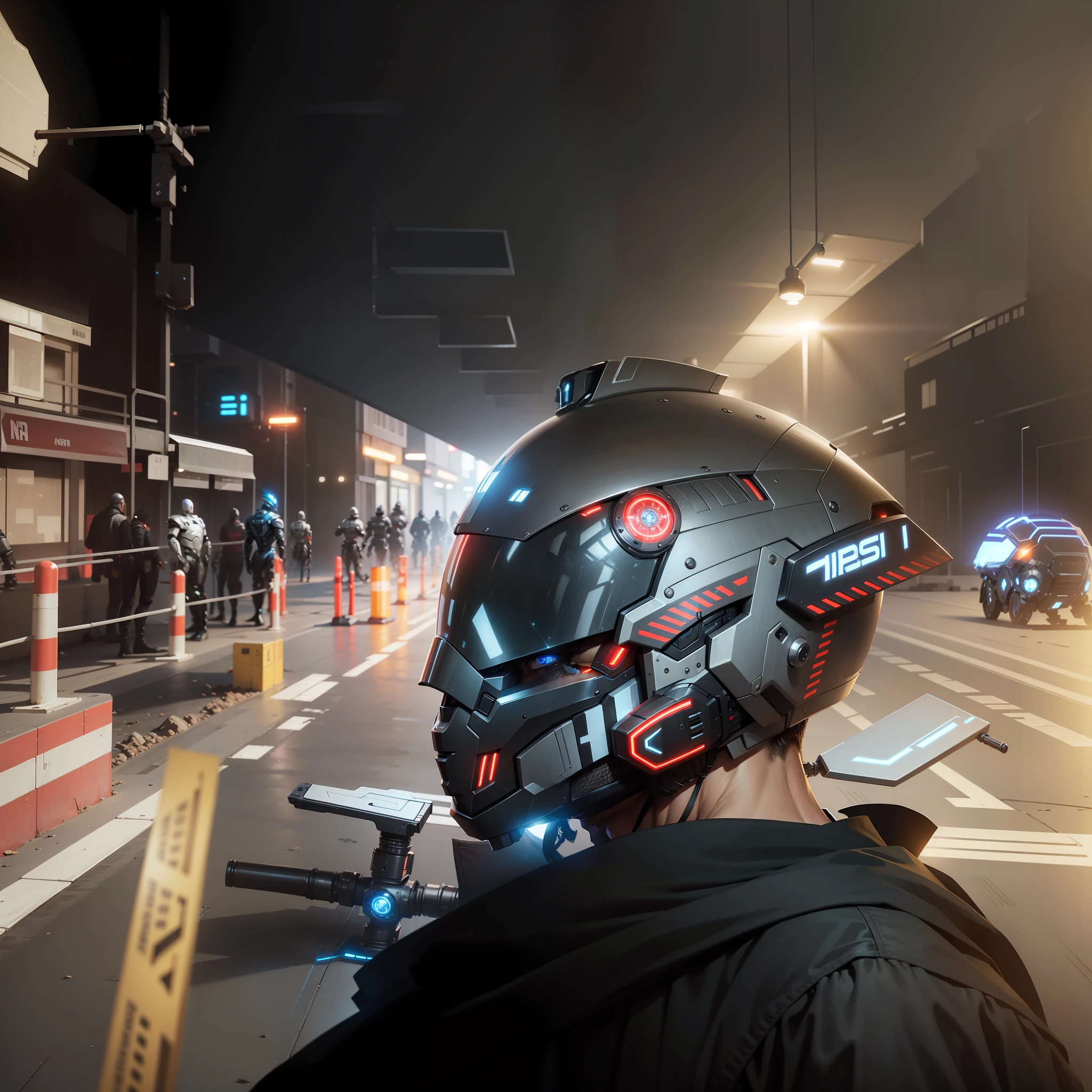 Cyber Male Warrior with Cyber Tech Helmet, Nousr, Biomechanics, MSHN Robot Man, High-Tech Helmet, Surreal, Steel, Intricate Design, Crazy Details, Fine Details, Extremely Clear Lines, Cinematic Lighting, Photo Realistic, Detailed Masterpiece