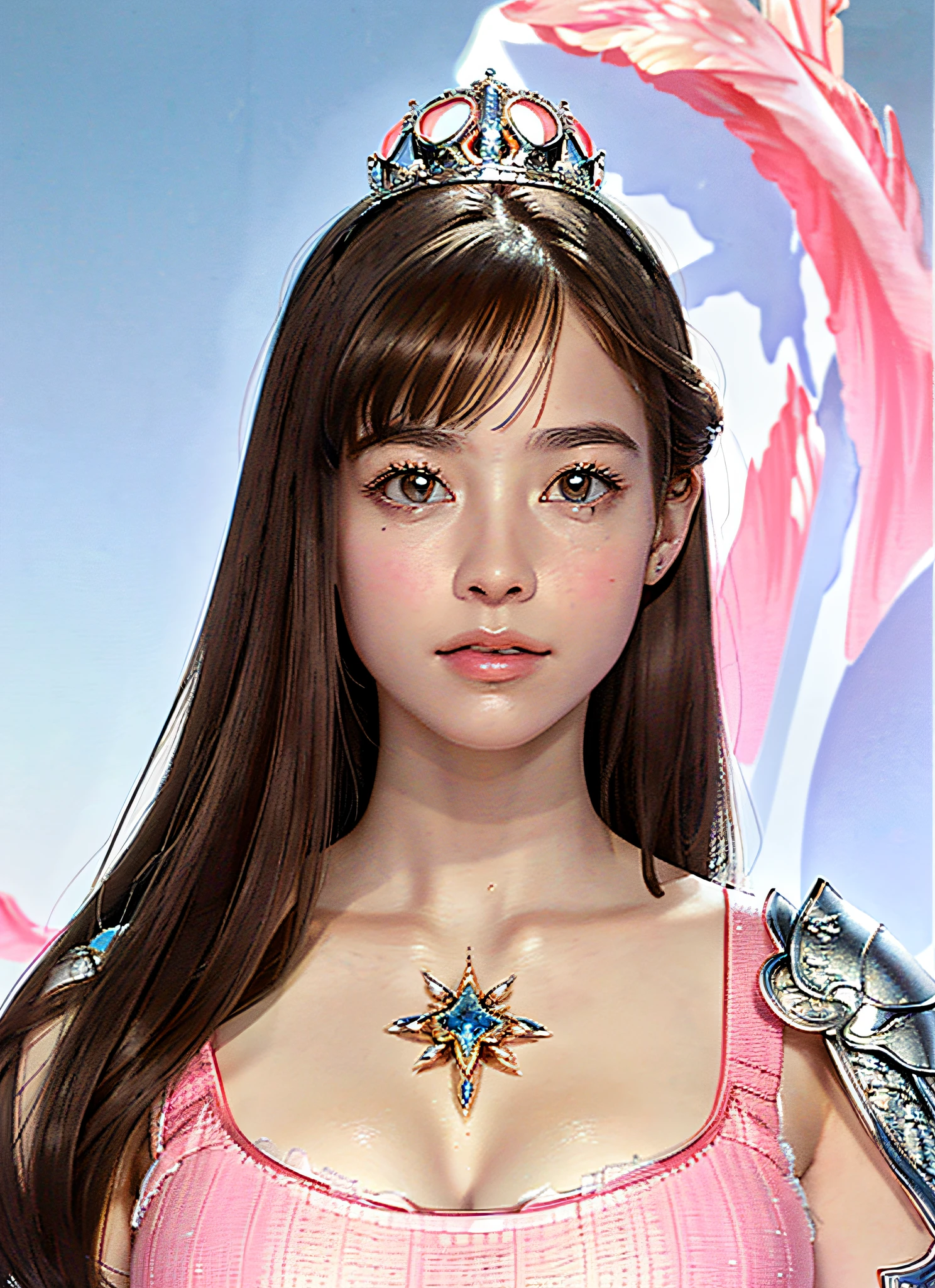 Ultra detailed complex 3D rendering of face, (big breasts: 6.8) huge breasts, pink bra, long hair, viewer show, , parted lips, (shiny skin),realistic sensual gravure idol, (cleavage), intricate details, ultra detailed complex 3d rendering of face, with beautiful porcelain profile, (jeweled ultra-detailed large crown: 1.2), big,, ( Bra Pink), Sexy Swimsuit, (Ultrareal), (Magic Wand), (High Resolution), (8K), (Very Detailed), (Beautiful Detailed Eyes), (Best Quality), (Ultra Detailed), Intricate Detail Gemstones (Detailed Women's Armor: 1.3), (Gorgeous Silver Armor: 1.3), 1 Girl, Solo, Long Hair, Wind, Gorgeous Face, Top Quality, Masterpiece, Maximum Detail, Diffused Lighting, (Brown Hair: 1.3), Valhalla Valkyrie, mechanical arm, beauty, facial muscles