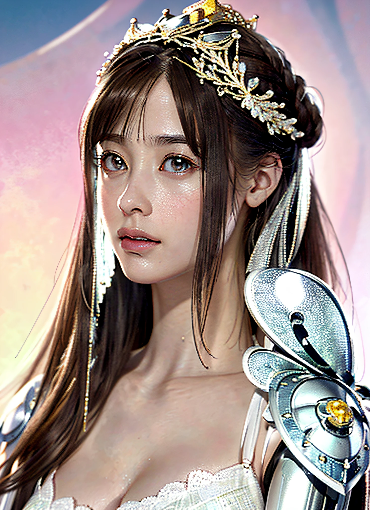 Ultra detailed complex 3D rendering of face, (big breasts: 6.8) huge breasts, pink bra, long hair, viewer show, , parted lips, (shiny skin),realistic sensual gravure idol, (cleavage), intricate details, ultra detailed complex 3d rendering of face, with beautiful porcelain profile, (jeweled ultra-detailed large crown: 1.2), big,, ( Bra Pink), Sexy Swimsuit, (Ultrareal), (Magic Wand), (High Resolution), (8K), (Very Detailed), (Beautiful Detailed Eyes), (Best Quality), (Ultra Detailed), Intricate Detail Gemstones (Detailed Women's Armor: 1.3), (Gorgeous Silver Armor: 1.3), 1 Girl, Solo, Long Hair, Wind, Gorgeous Face, Top Quality, Masterpiece, Maximum Detail, Diffused Lighting, (Brown Hair: 1.3), Valhalla Valkyrie, mechanical arm, beauty, facial muscles