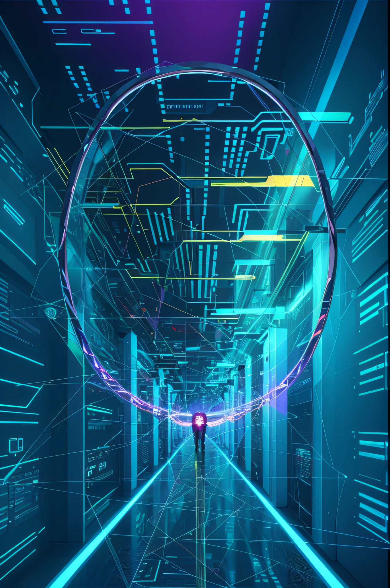 a close up of a futuristic tunnel with a circular object in the middle, surreal cyberspace, cyber background, immersed within a glitch network, cyber space, cyber architecture, background is data server room, hacking into the mainframe, neon virtual networks, cyber security polygon, large cyberarrays data holograms, vernadskys noosphere, cyber installation