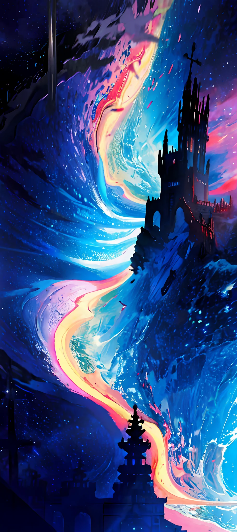 towers of god, blue towers, violet, blue, red, god, red sky, violet sky, starry sky, stars, starry towers, starry god, light blue, civilization, order