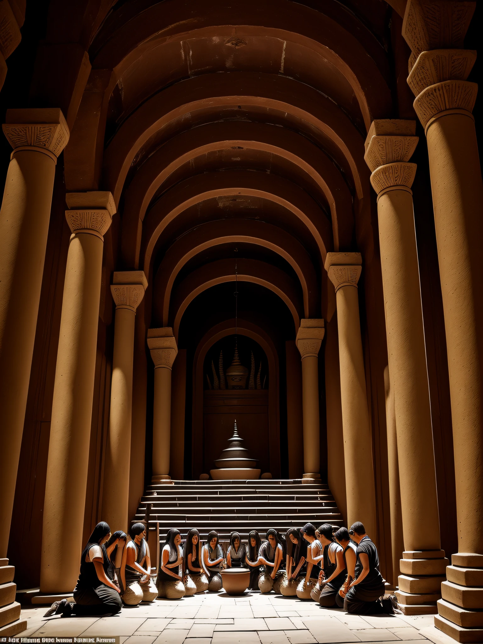 Dark Art, inside the temple, enshrines a large clay pot, creating an atmosphere of terror, with a group of people kneeling below, a masterpiece