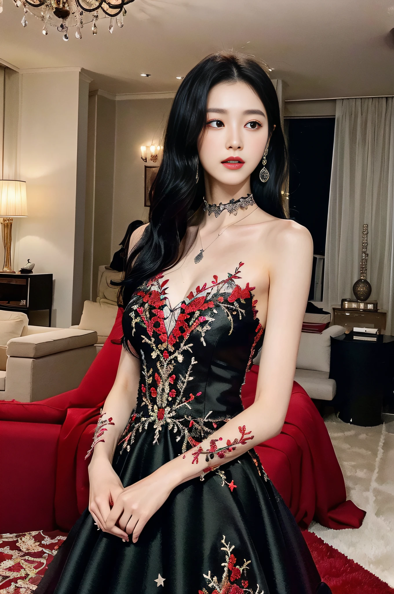 Best quality, high resolution, masterpiece: 1.3), a tall and beautiful woman, (short black hair: 1.2), wearing pendant, pouf dress, black and red wedding dress fashion dress design "haute couture" fairy charming fantasy fantastic theme black embroidery with some ruby red details embroidered frills, red and black, layers. Dark mode of layers, layers, layers, evil, stars, moon, fog and wind, without any pose, standing (background is in the living room at home), beautifully presented details in face and skin texture, detailed eyes, double eyelids, face with high cold