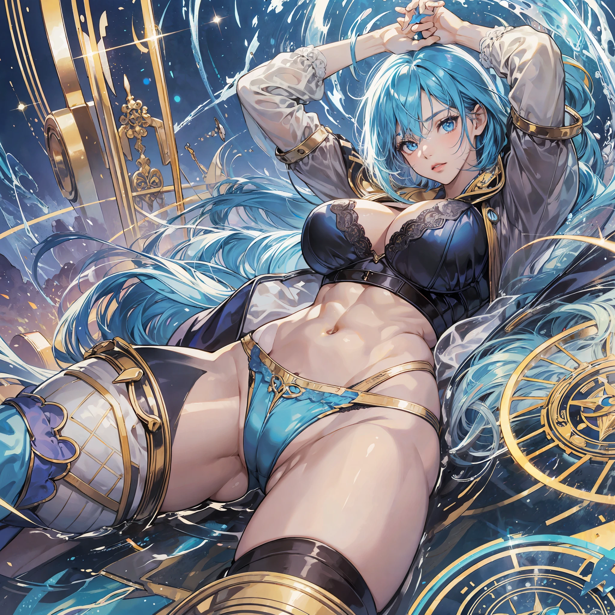 Lying on your back, arms raised, crotch open, cute beautiful cool woman, troubled look, anime, manga, illustration, fantasy, light blue sexy bra and panties, black knee high socks, gold shiny flowing layered long bob cut, shiny shiny blue big eyes, shiny red lips, huge breasts, abs, amazing proportions, whole body, Vivid golden and iridescent magic circles in background, high resolution, highest quality, ultra high quality, super detail, ultra-realistic